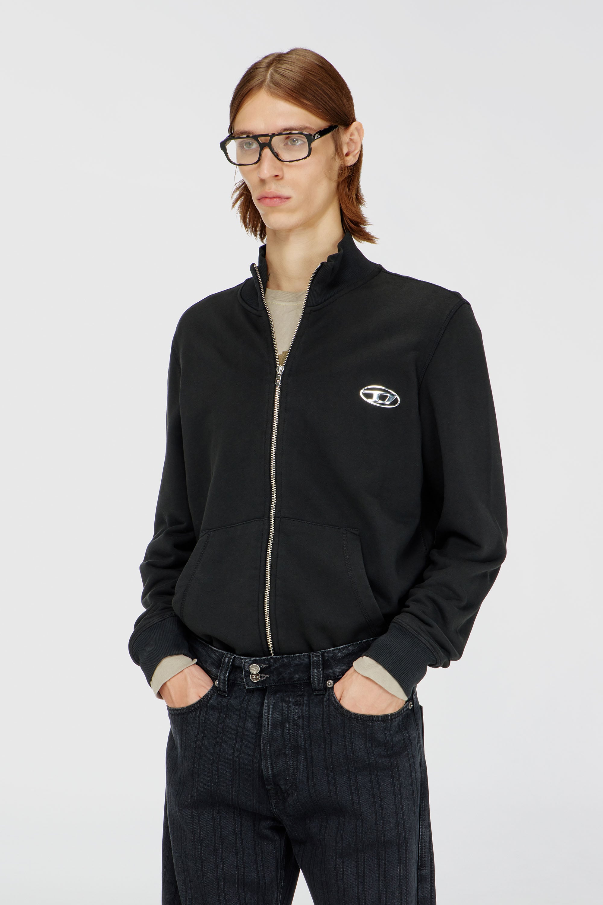 Diesel - S-GINN-ZIP-IOD, Male's Wweatshirt with mock neck and metallic Oval D in Black - 1