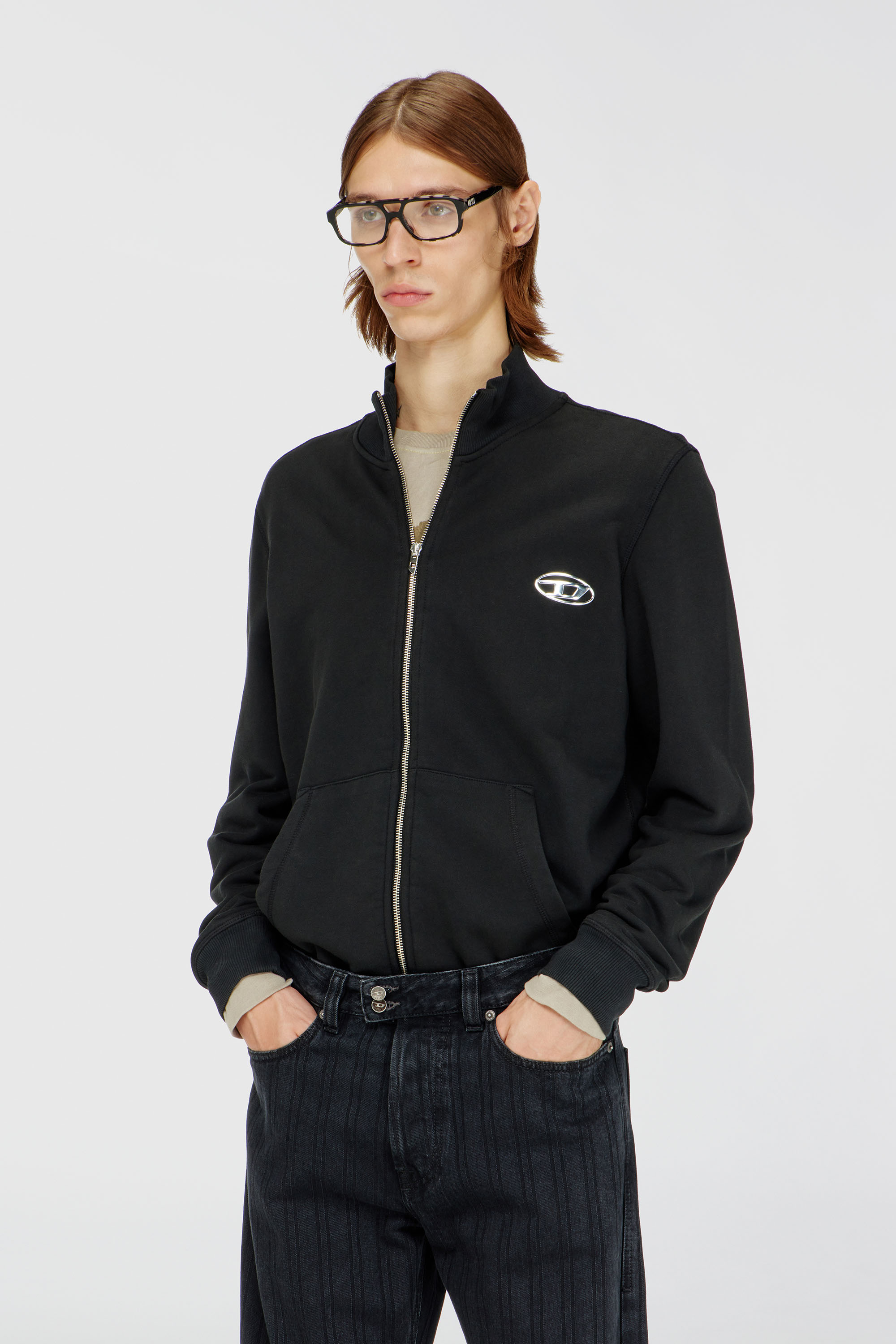 Diesel - S-GINN-ZIP-IOD, Man's Wweatshirt with mock neck and metallic Oval D in Black - 3