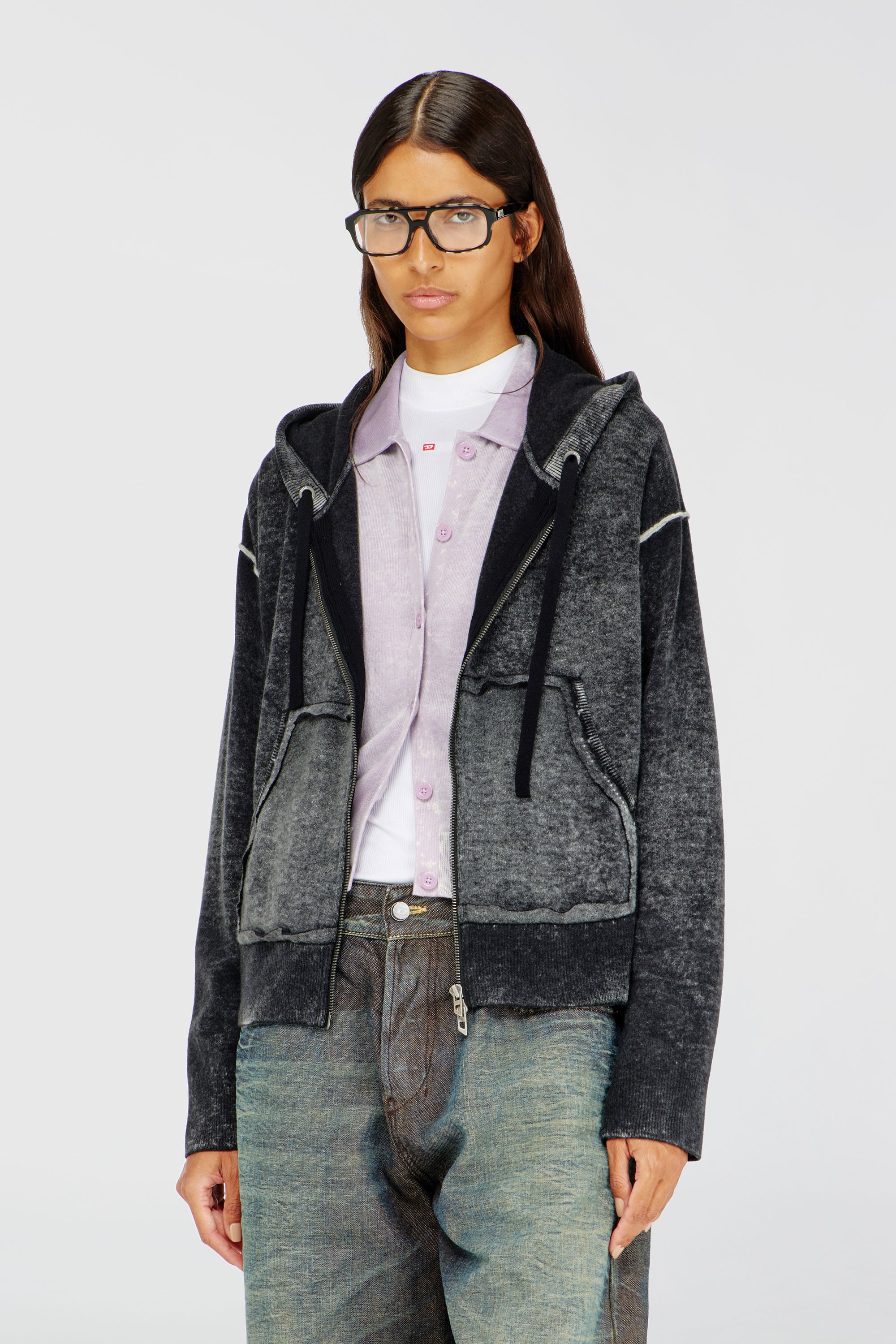 Diesel - M-HERMINE, C&aacute;rdigan con capucha de lana con estampado inverso Mujer in Multicolor - 1