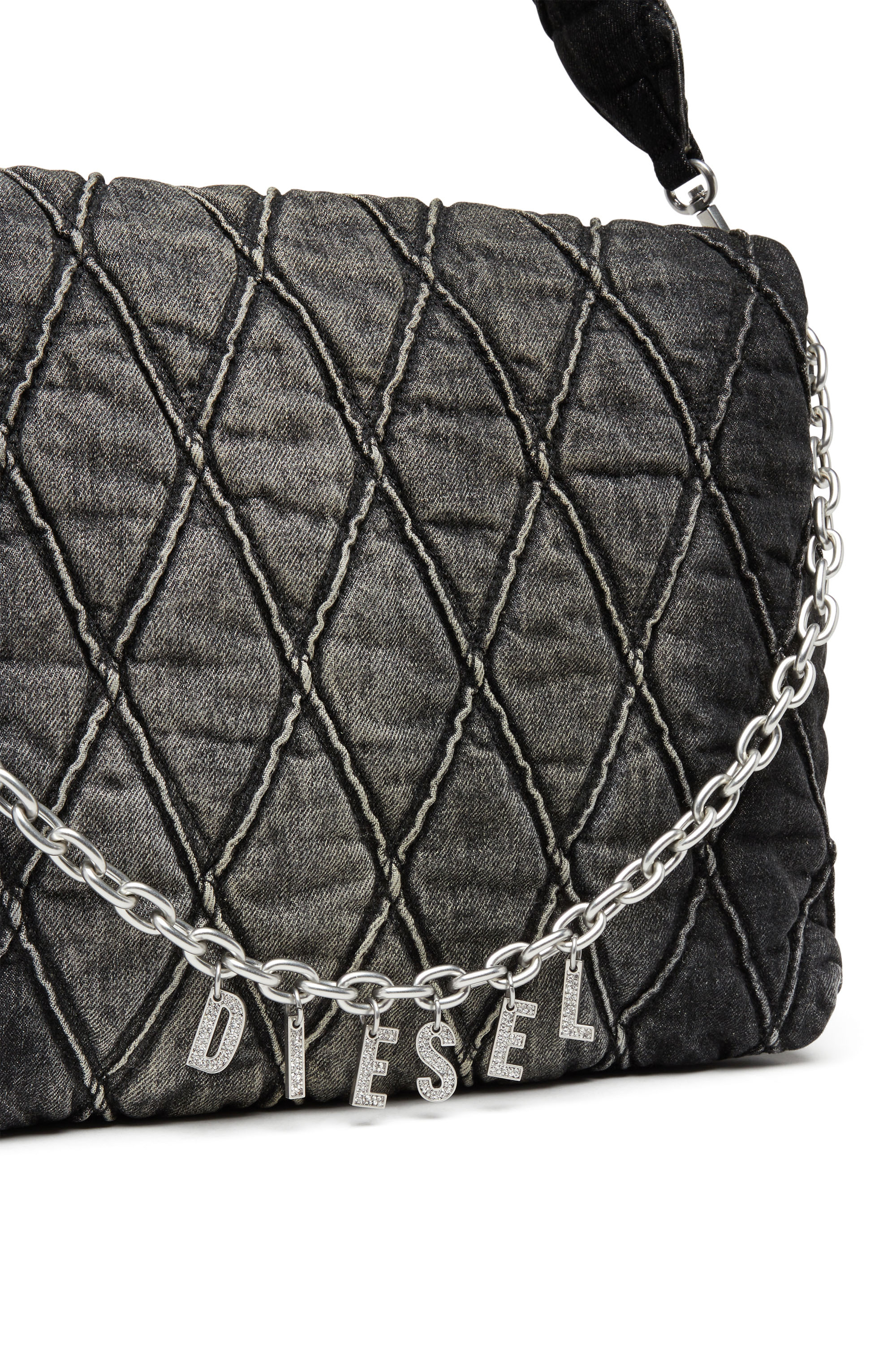 Women's Charm-D Shoulder L bag in quilted Denim | Black | Diesel
