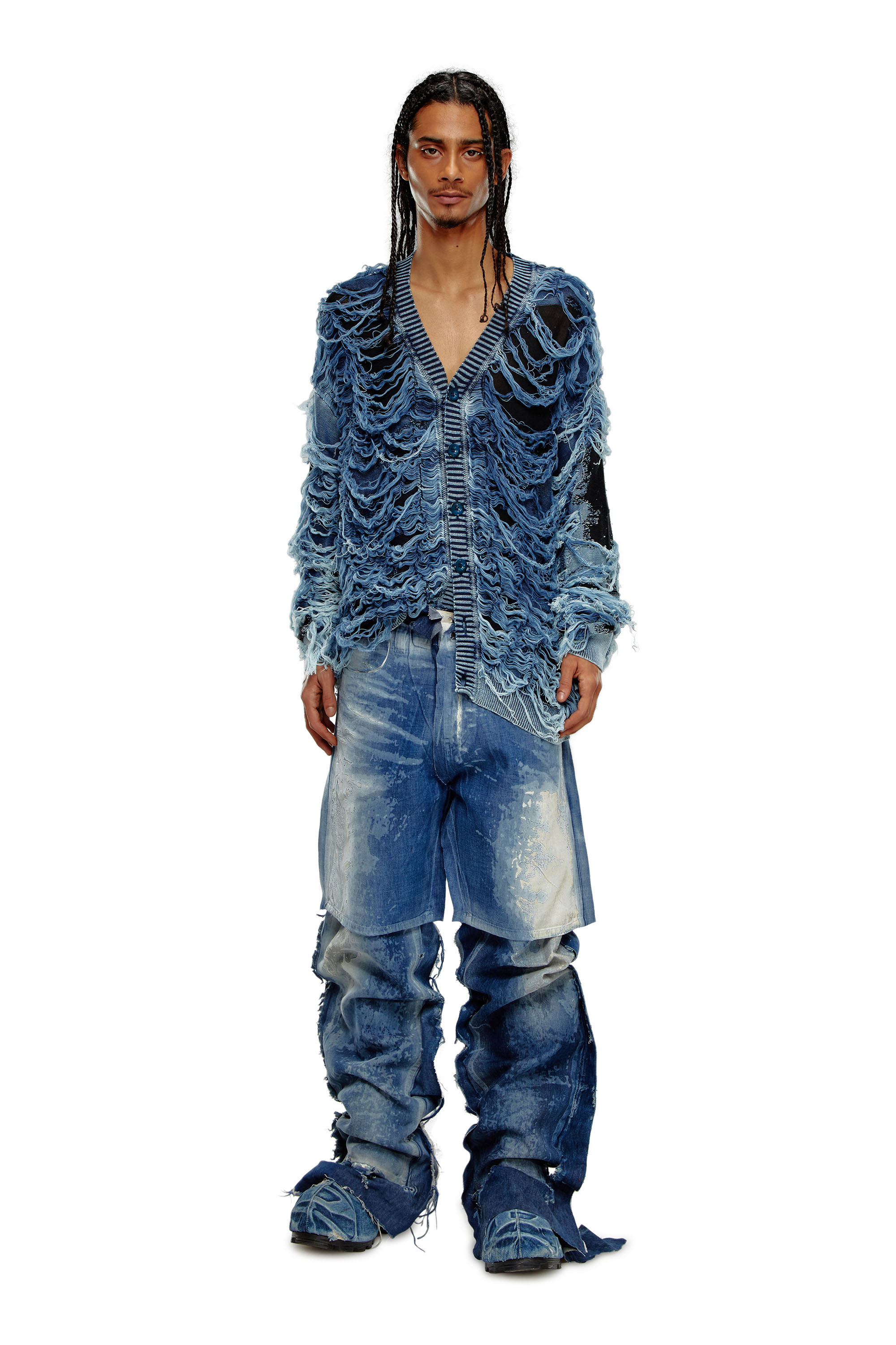 Men's Destroyed indigo V-neck cardigan | Multicolor | Diesel US