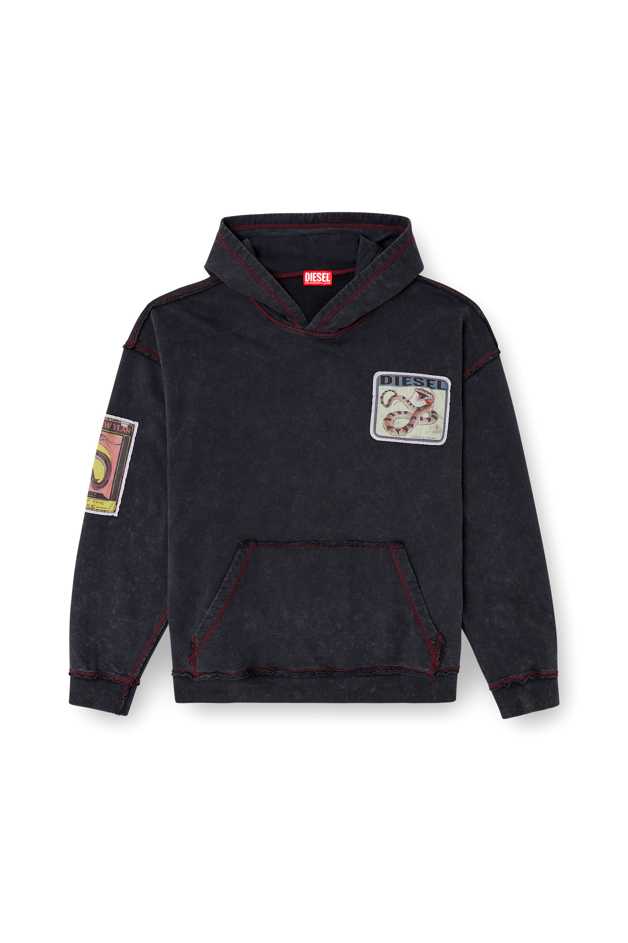 Diesel - CL-S-BOXT-HOOD-SNAKE, Unisex's Treated hoodie with snake patches in Black - 4