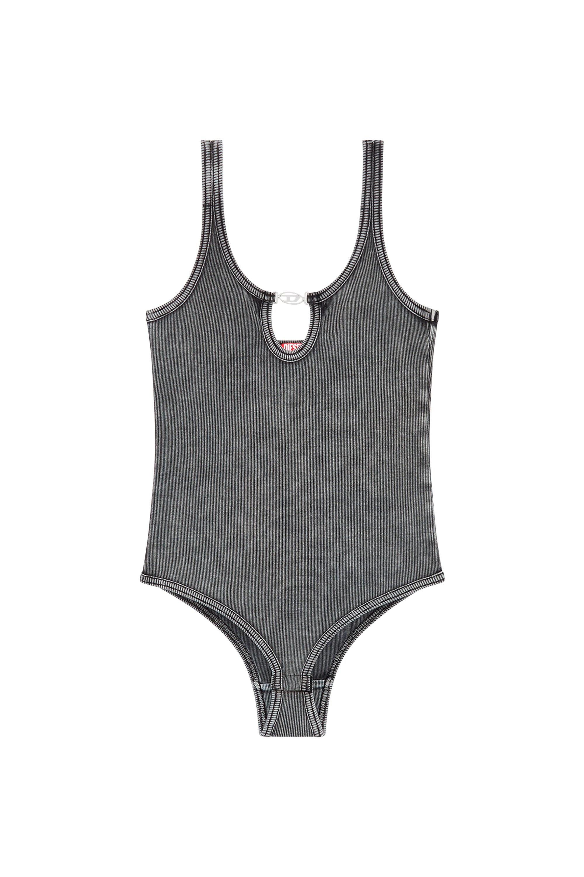 Diesel - UFBY-D-OVAL-COTTON-RIB-BODYSUIT, Body en canal&eacute; con placa Oval D Mujer in Gris - 3