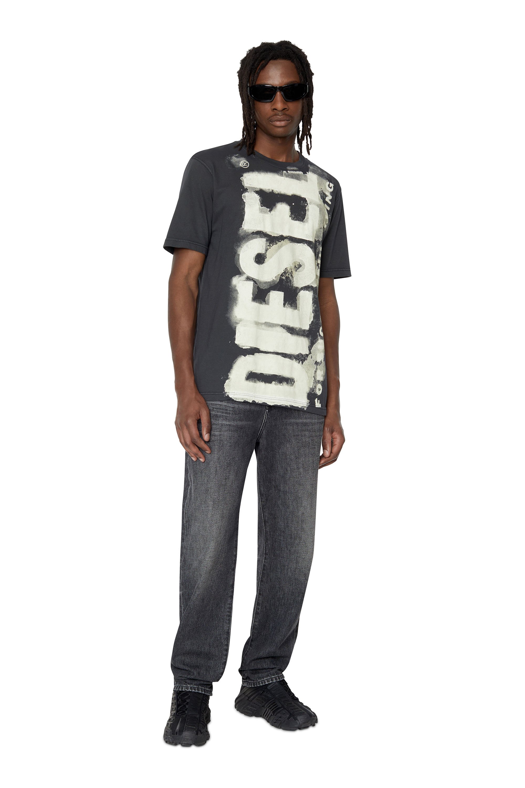 Diesel - T-JUST-E16, Man's T-shirt with bleeding logo print in Dark grey - 1