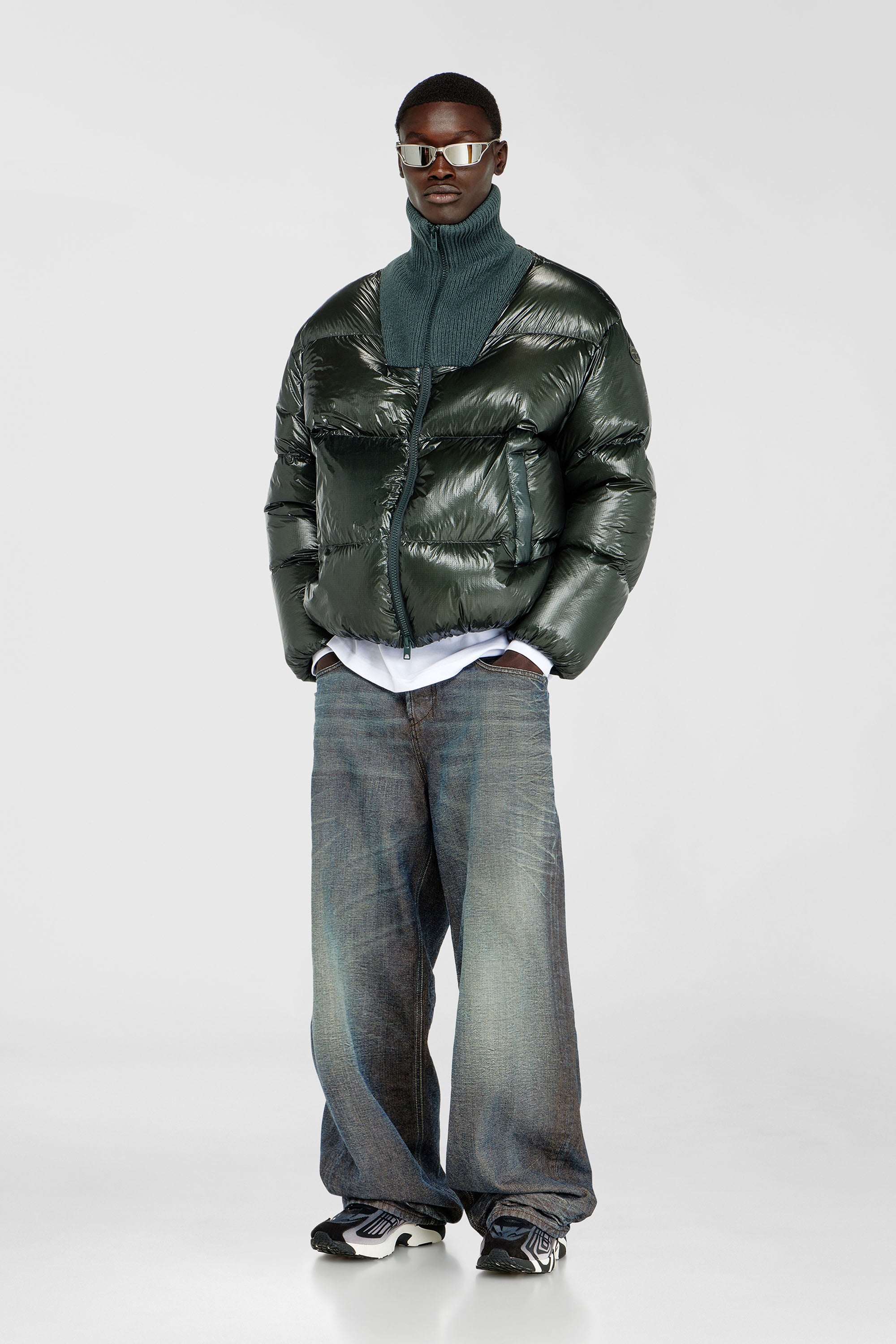 Diesel - W-RIBB, Male's Down puffer jacket in ripstop with ribbed collar in Dark Green - 2