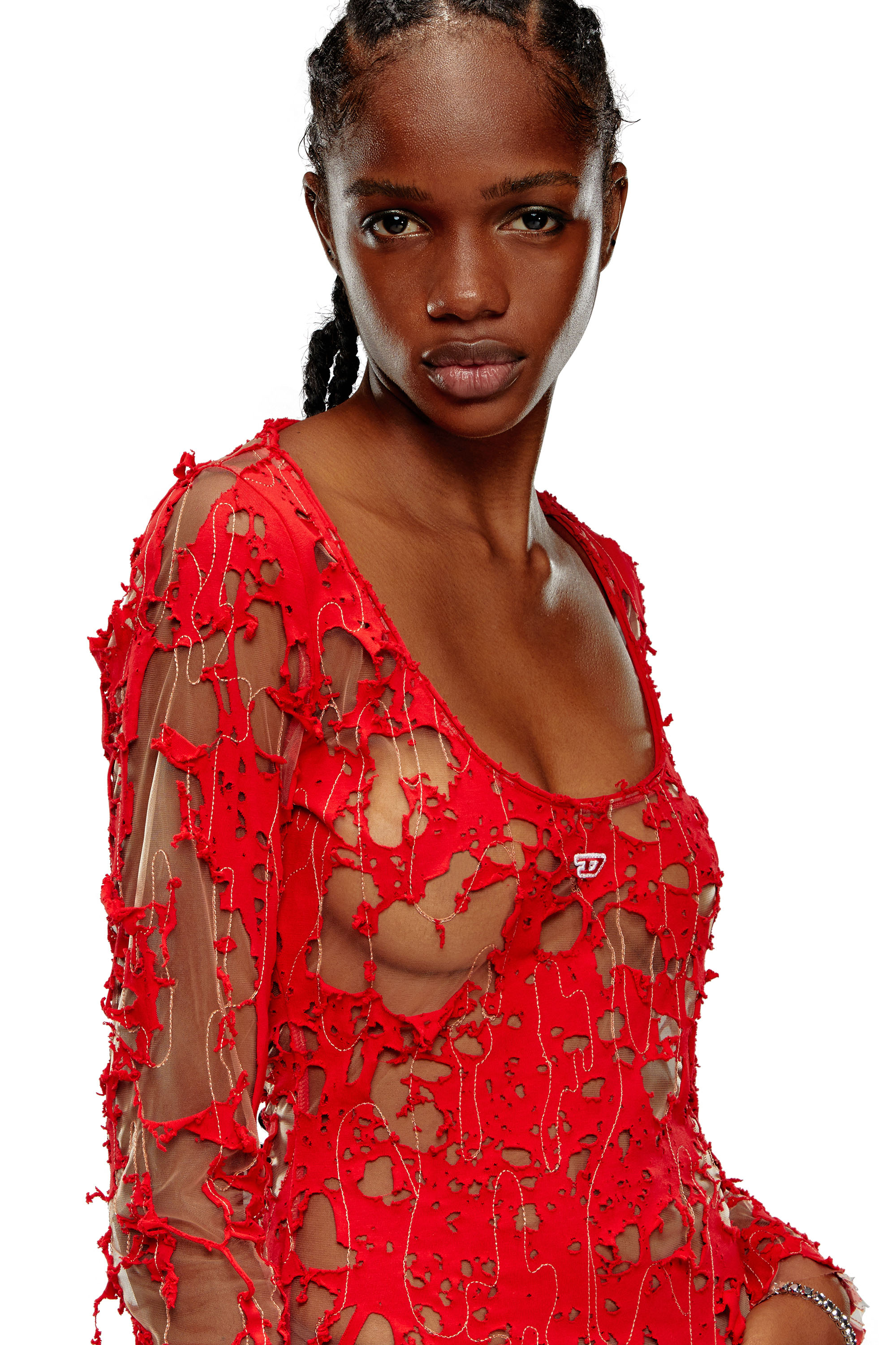 Diesel - D-LEA, Vestido largo dévoré en tul y tejido Mujer in Rojo - 5