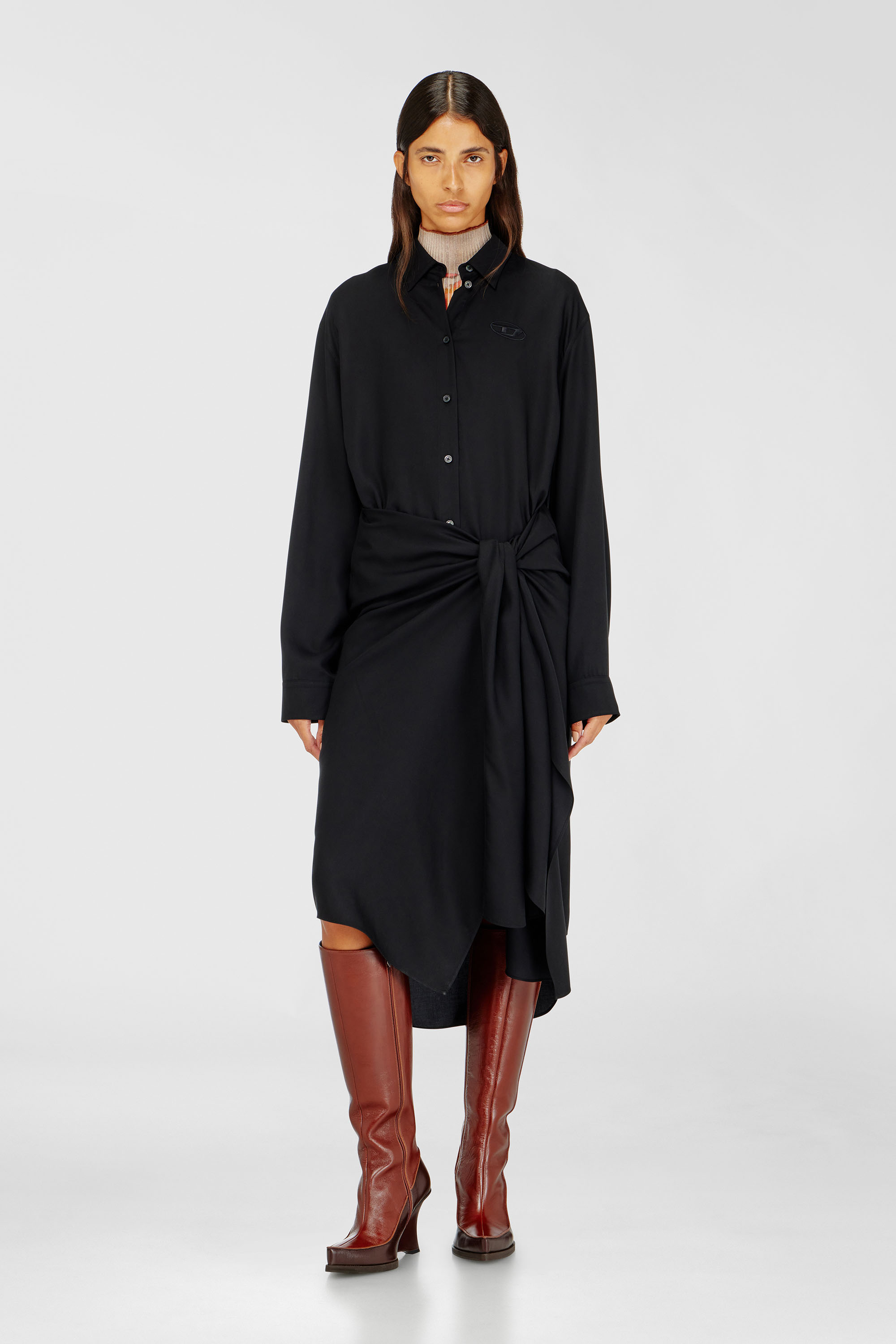 Diesel - D-ILETTA-S1, Vestido camisero midi con detalle retorcido Mujer in Negro - 3