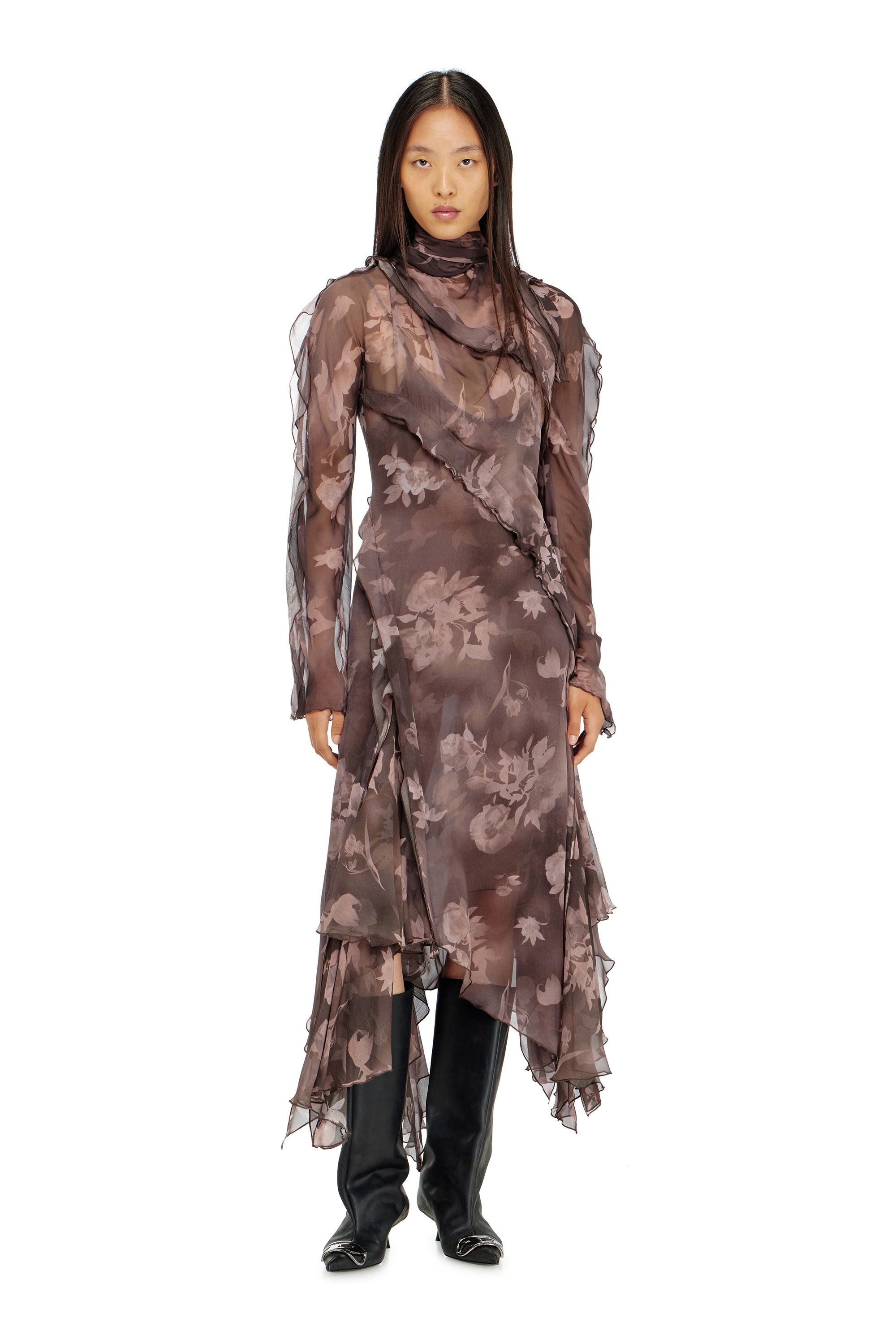 Diesel - D-RIADI, Female's Asymmetric midi dress in chiffon and silk-crepe in Brown - 3