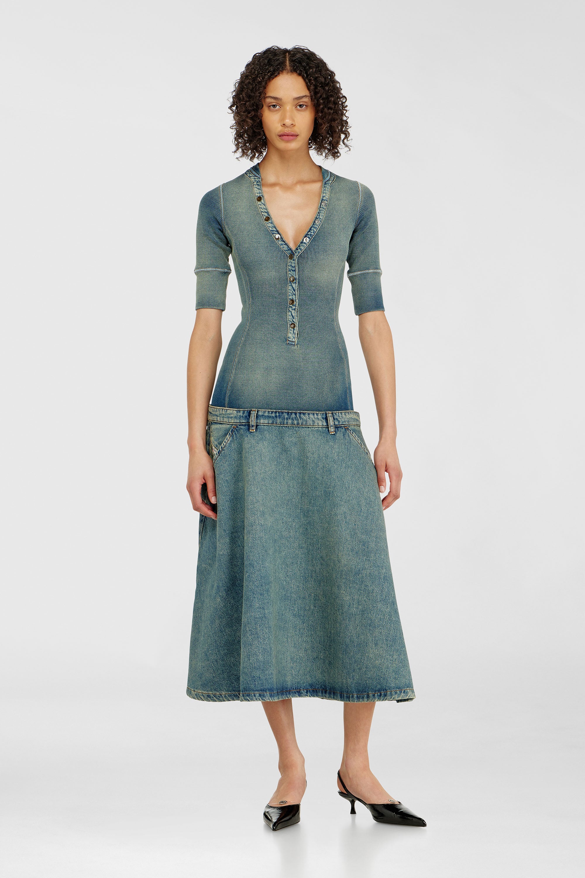 Diesel - DE-ANIM-S, Woman's Drop-waist midi dress in knit and denim in Medium blue - 1