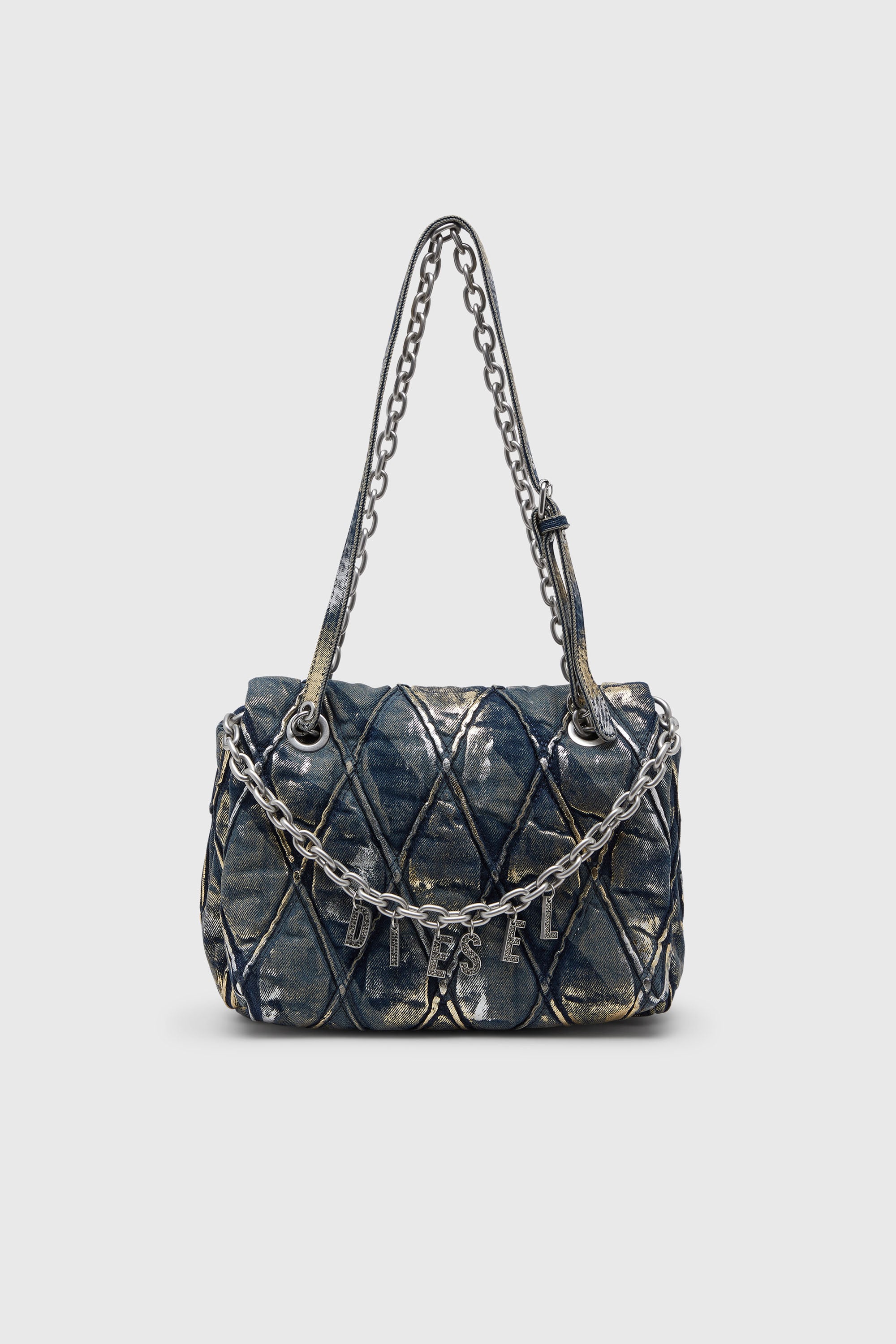 Diesel - CHARM-D SHOULDER M, Female's Charm-D - Shoulder bag in metallic-foil denim in Blue - 2