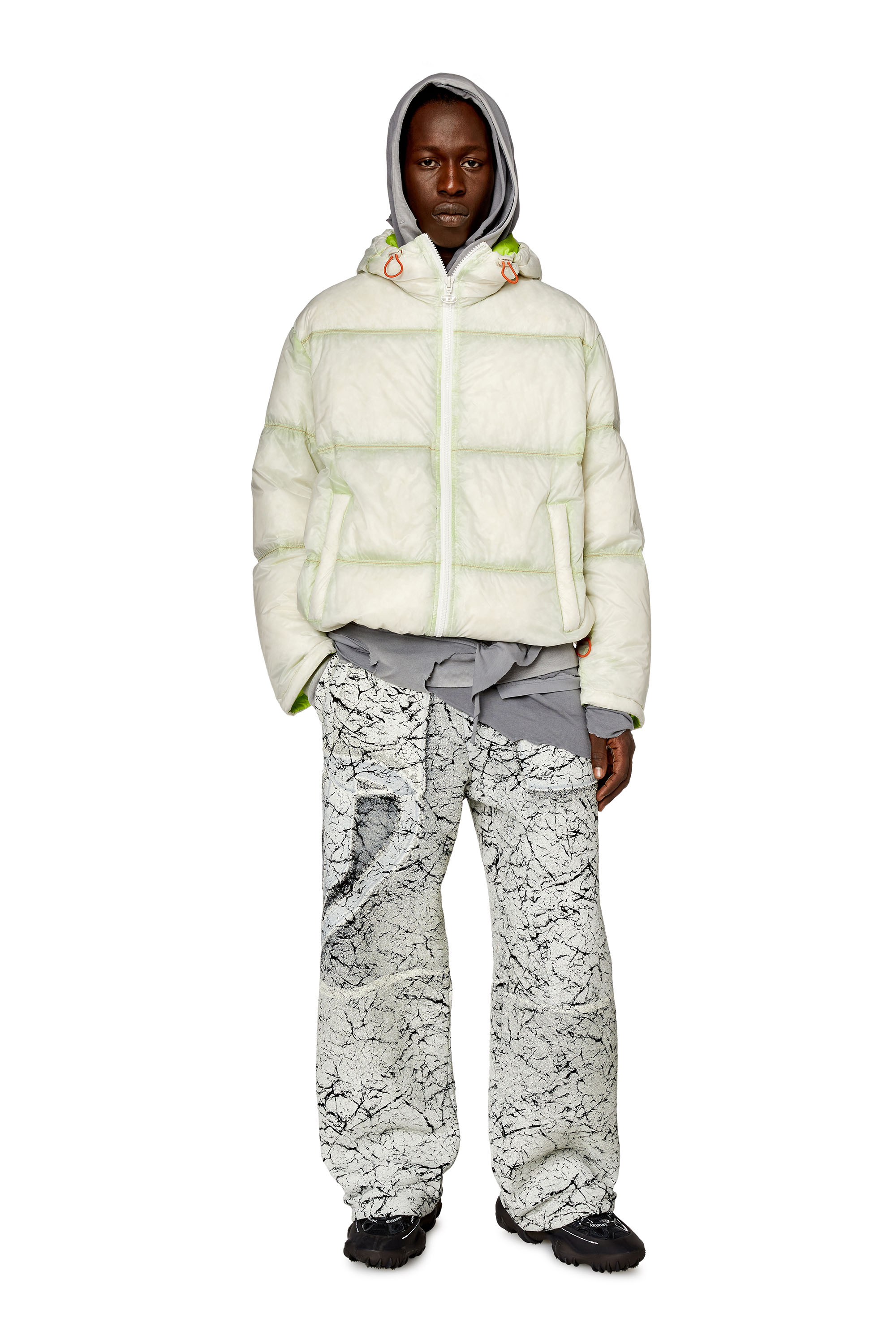 Diesel - W-BASKIN, Man's Hooded down jacket in sheer ripstop in Green/White - 1