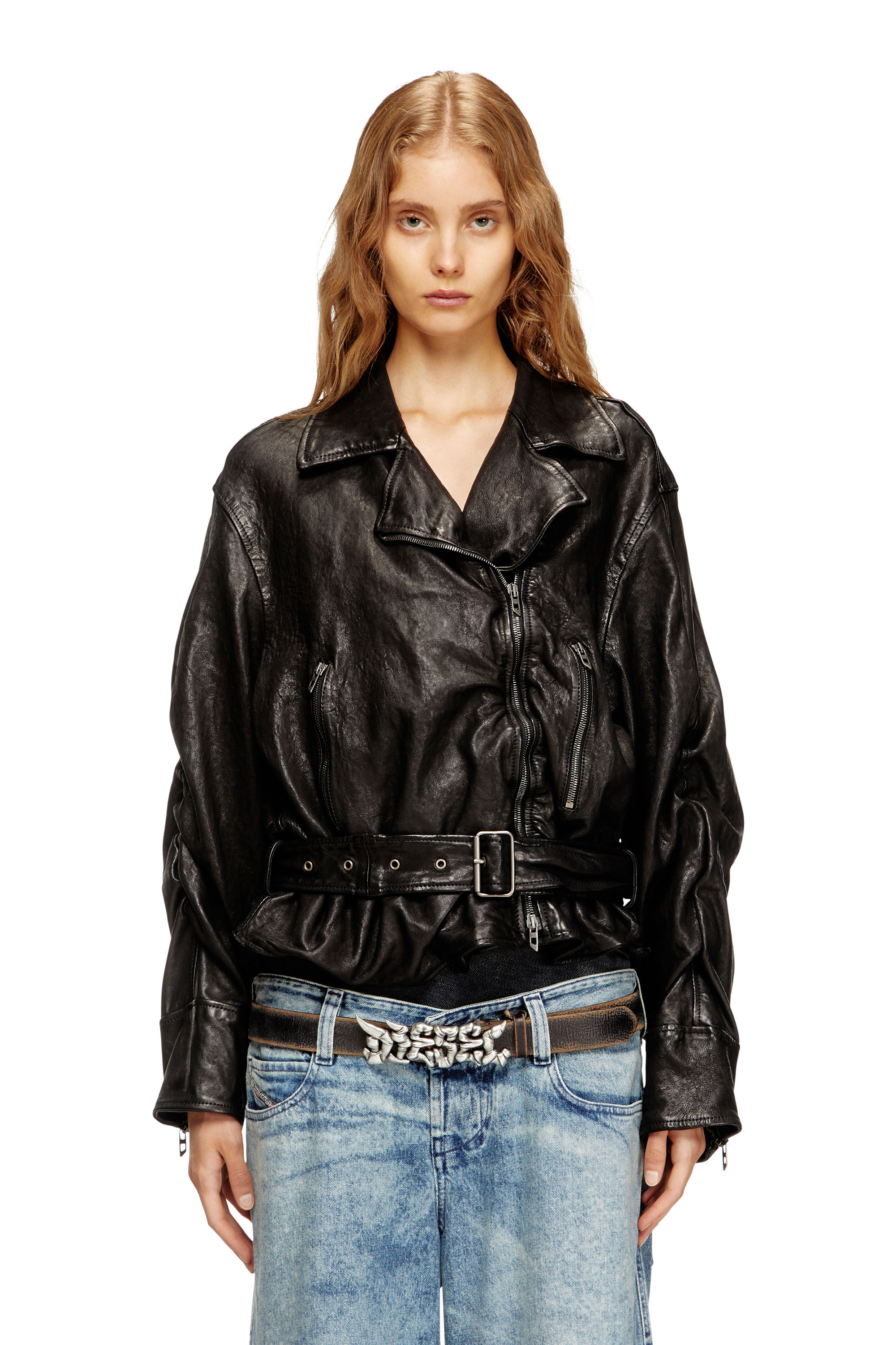 Diesel - L-OYS, Veste à ceinture en cuir bouilli Femme in Noir - 1