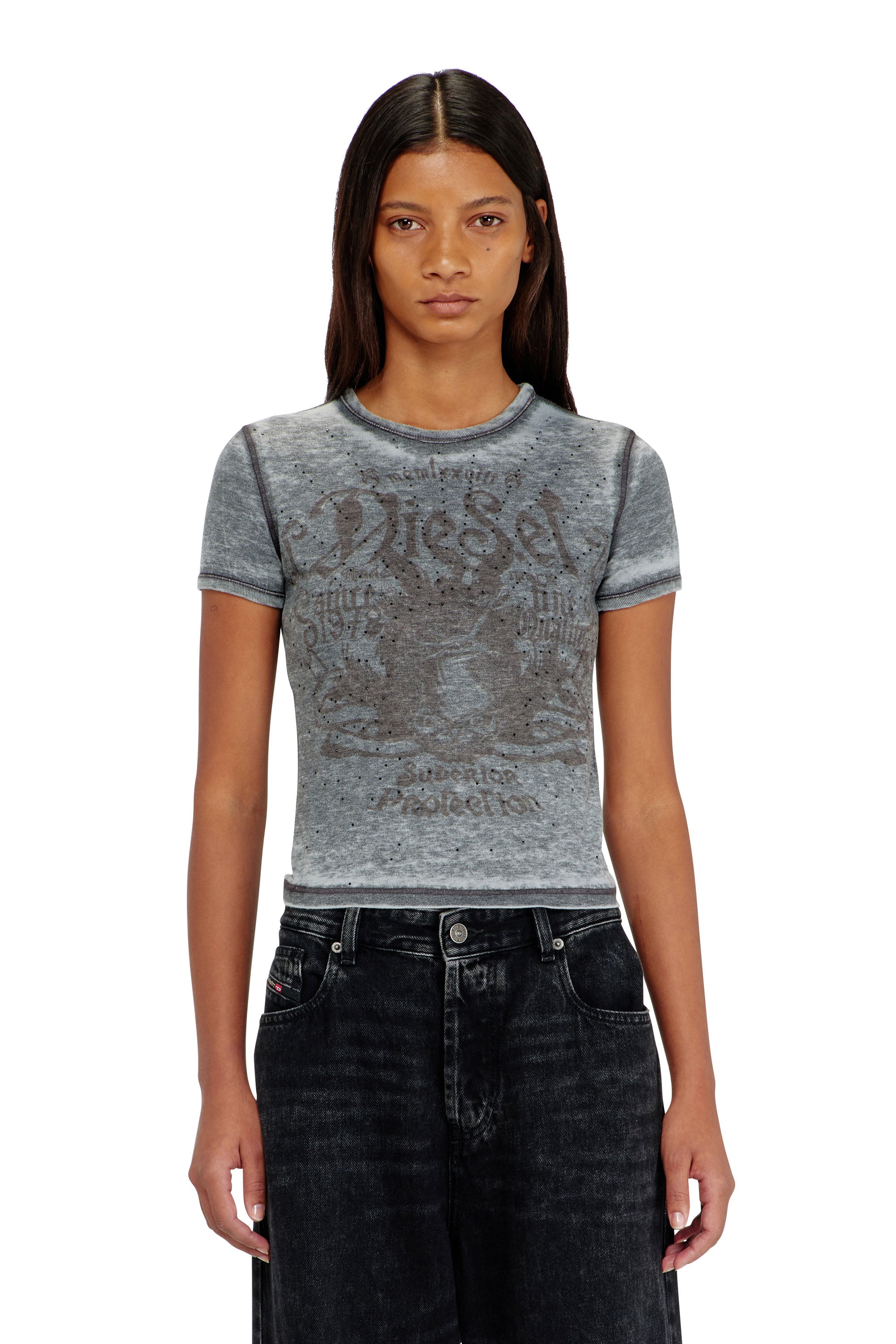 Diesel - T-UNCUTIES-LONG-AA3, Camiseta slim de punto con estampado y tachuelas Mujer in Multicolor - 1