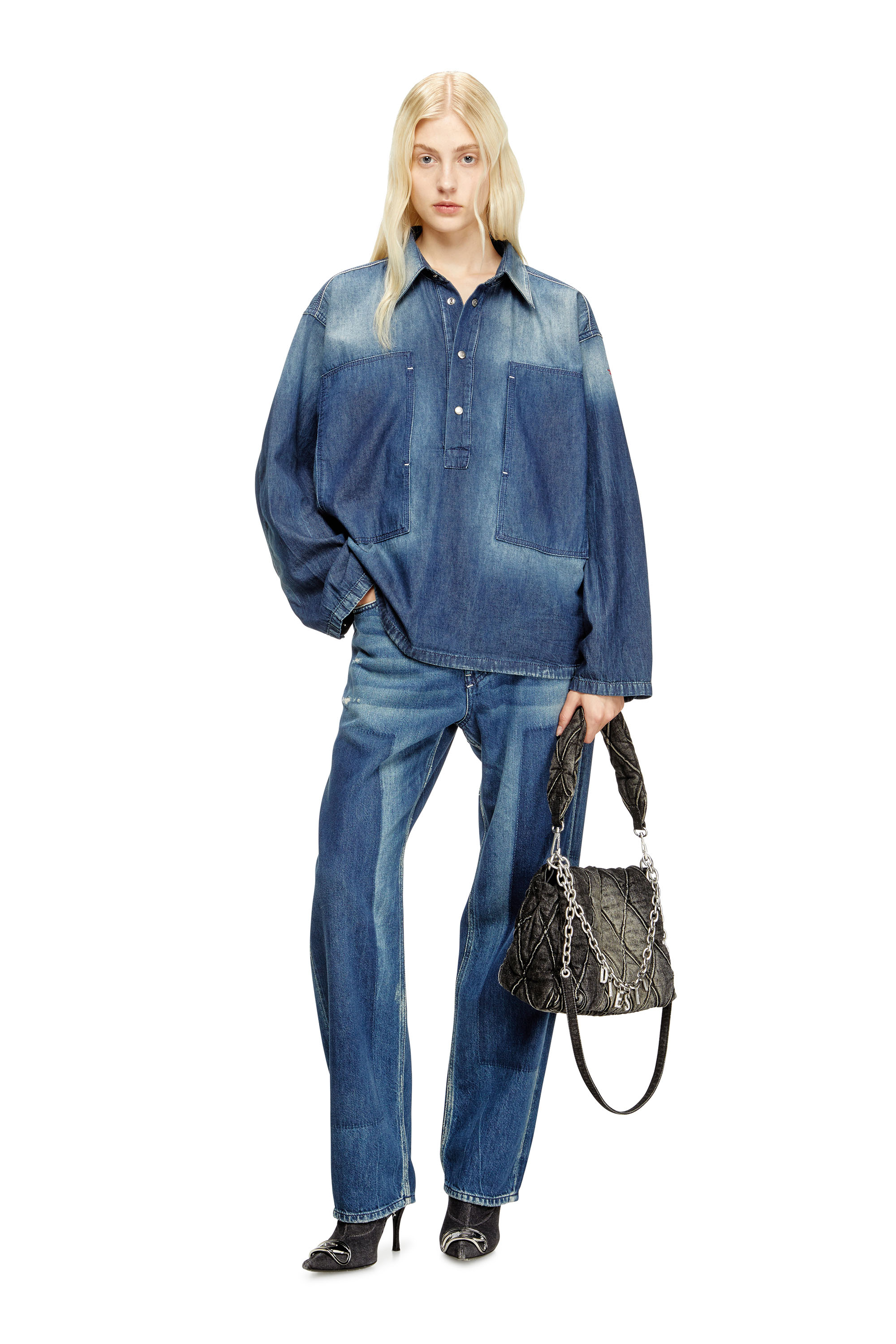 Diesel - DE-PRISS, Female's Henley top in contrast-effect denim in Medium Blue - 1