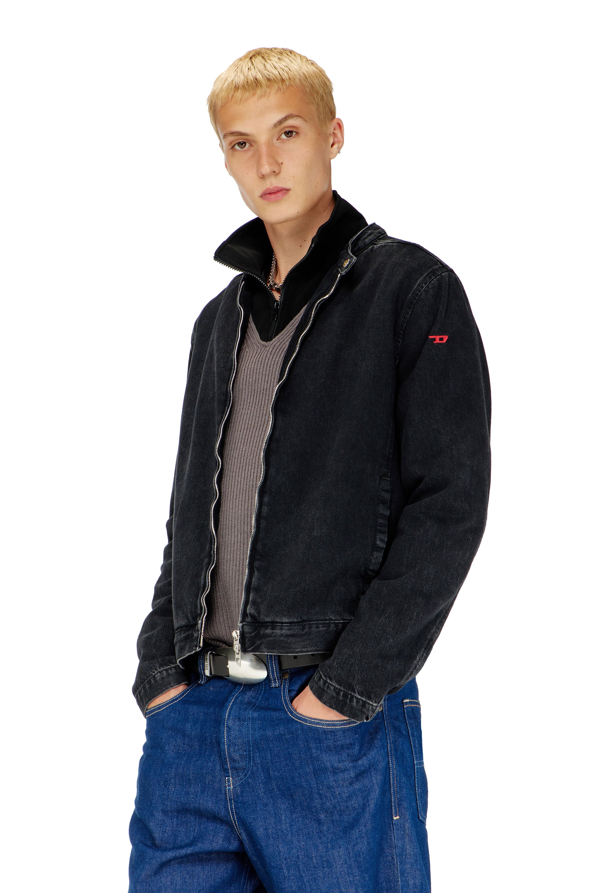 Diesel - D-GLORY, Chaqueta biker de denim con lavado oscuro Hombre in Negro - 3