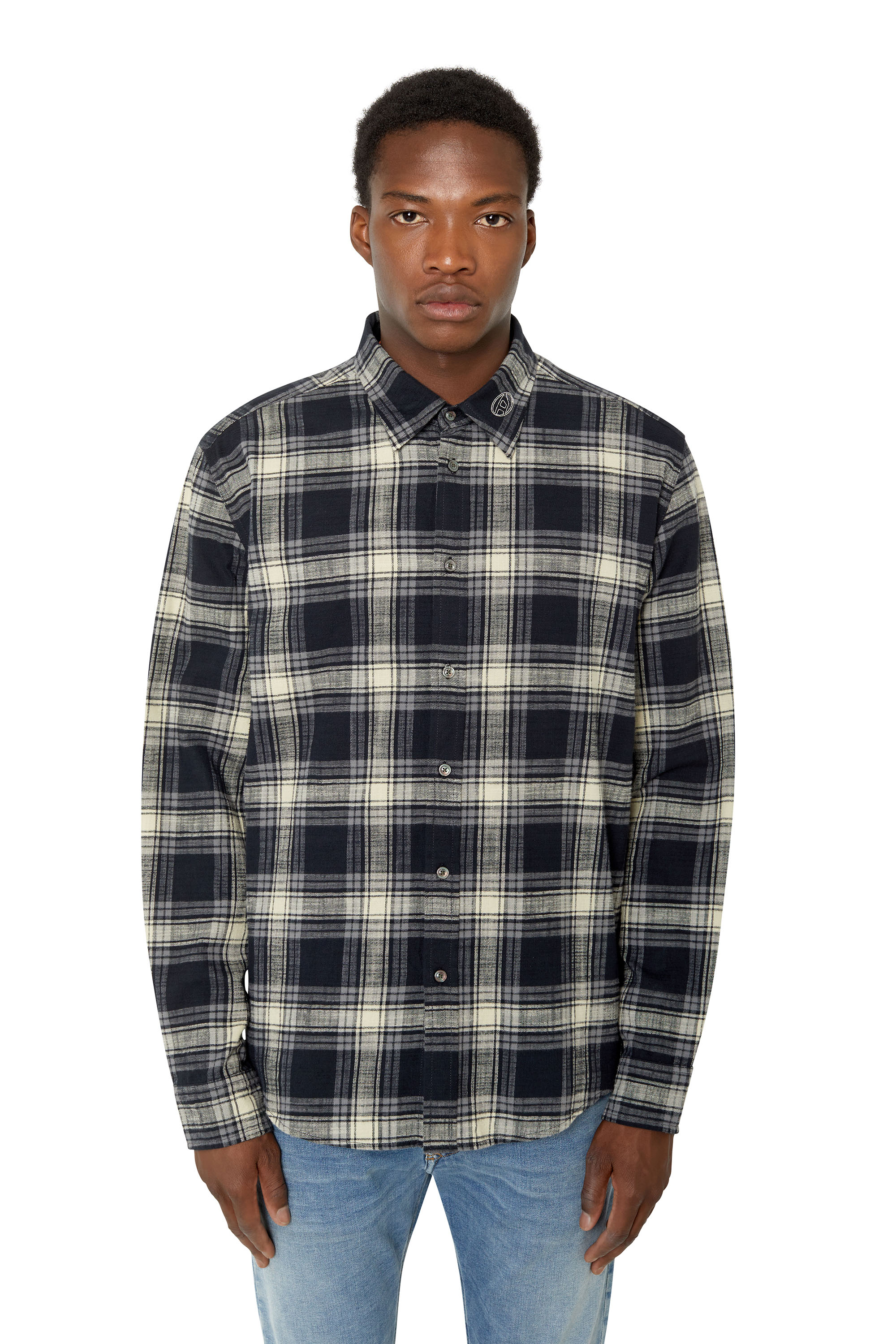 Diesel - S-UMBE-CHECK-NW, Man's Checked shirt in slub flannel in Black/Grey - 3