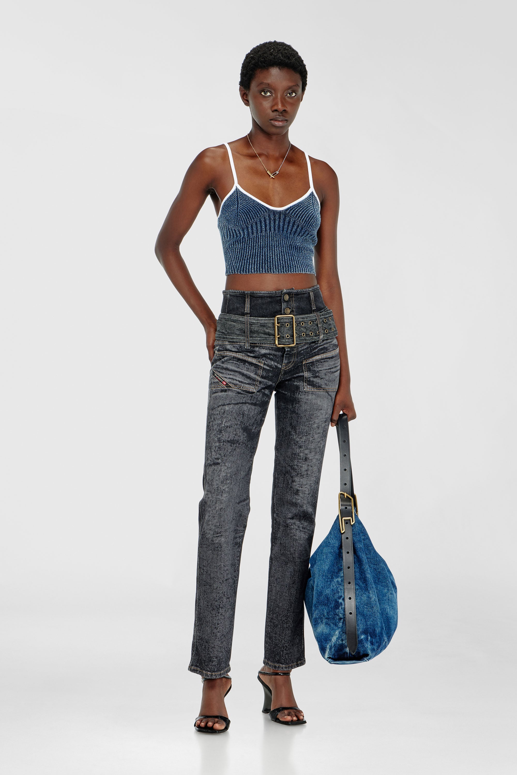Diesel - M-ESTERE, Female's Crop top in indigo boucl&eacute; ribbed knit in Blue/White - 2