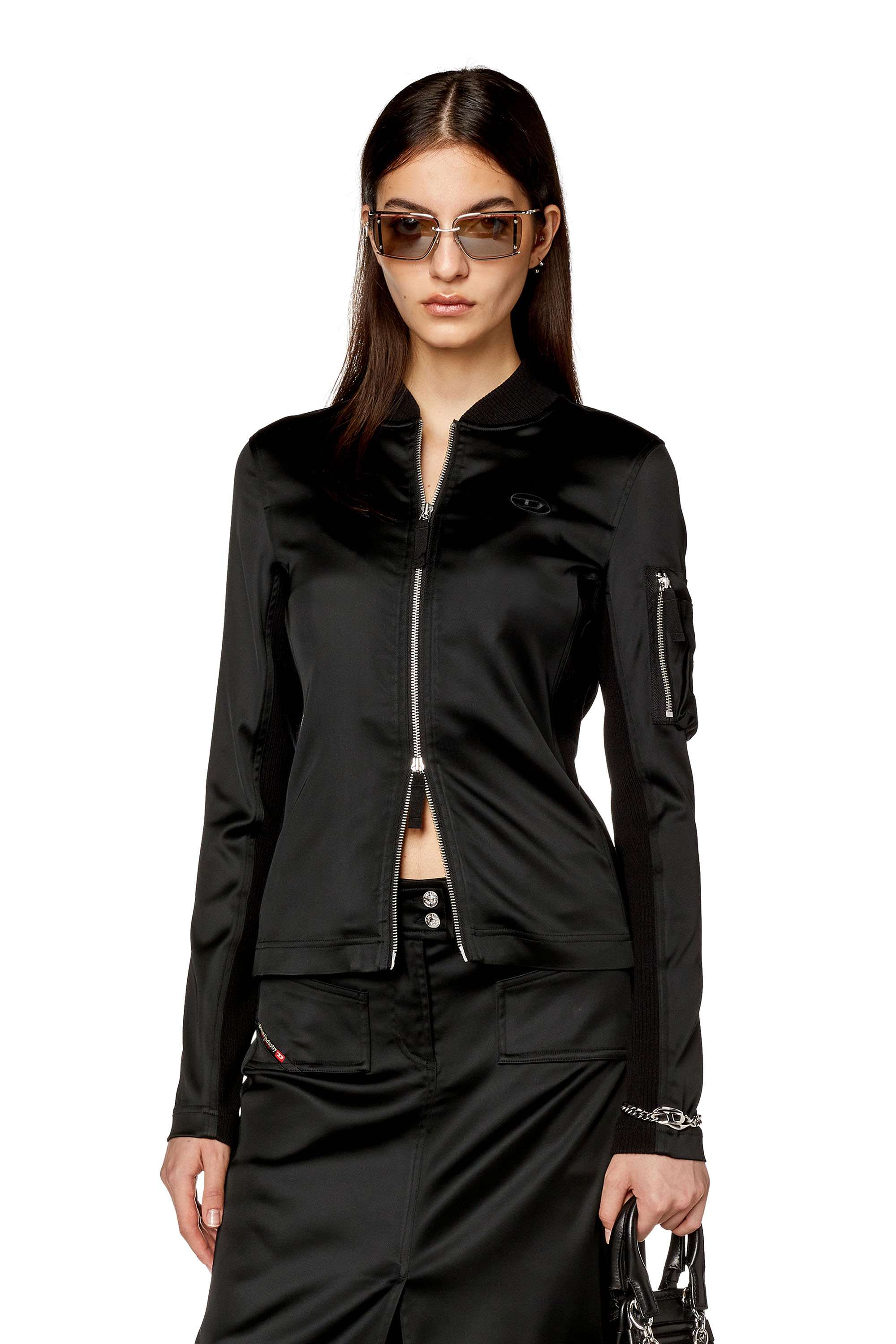 Women's Track jacket in shiny stretch satin | Black | Diesel