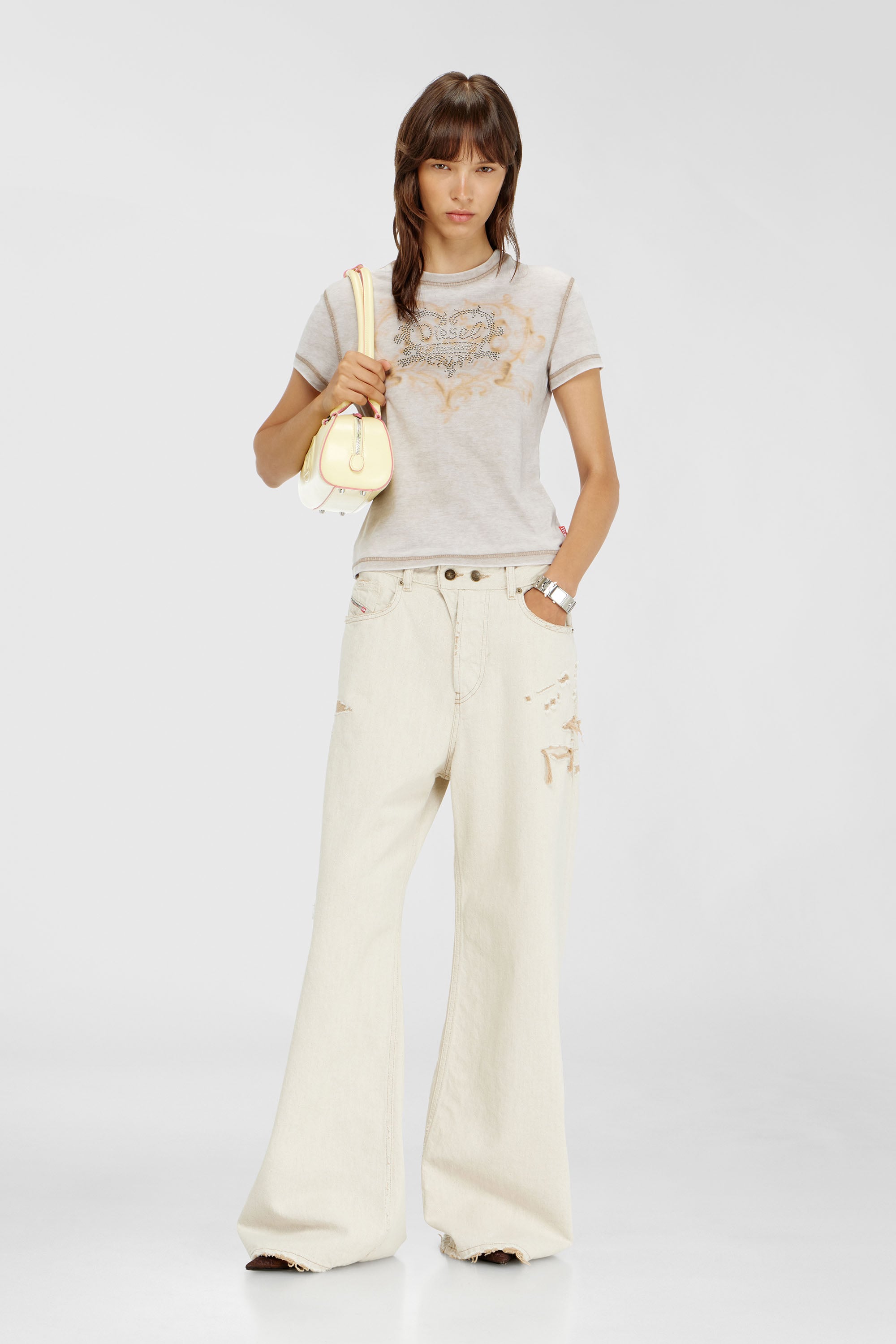 Diesel - T-ILA-AA1, Female's Jersey t-shirt with rhinestones and burnout effect in Light Grey - 2