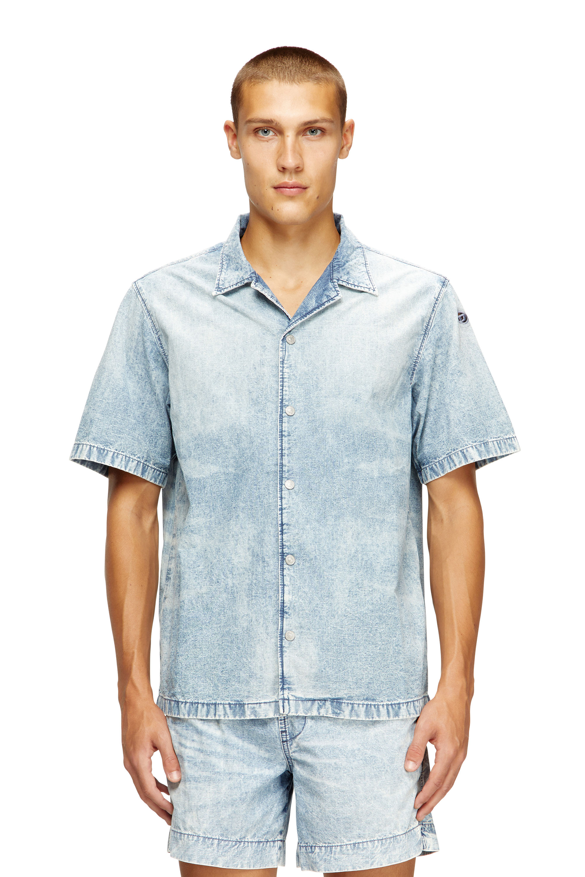 Diesel - D-NABIL-S4, Male's Bowling shirt in marbled denim in Light Blue - 3