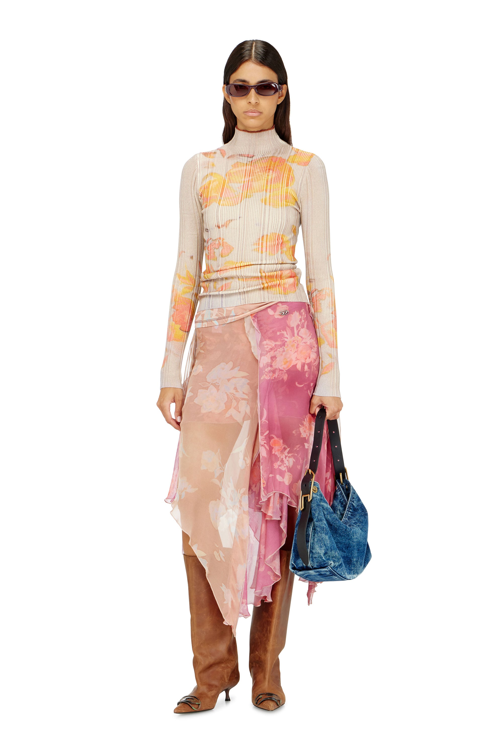 Diesel - O-RIZIA, Woman's Asymmetric floral midi skirt in viscose and silk in null - 1