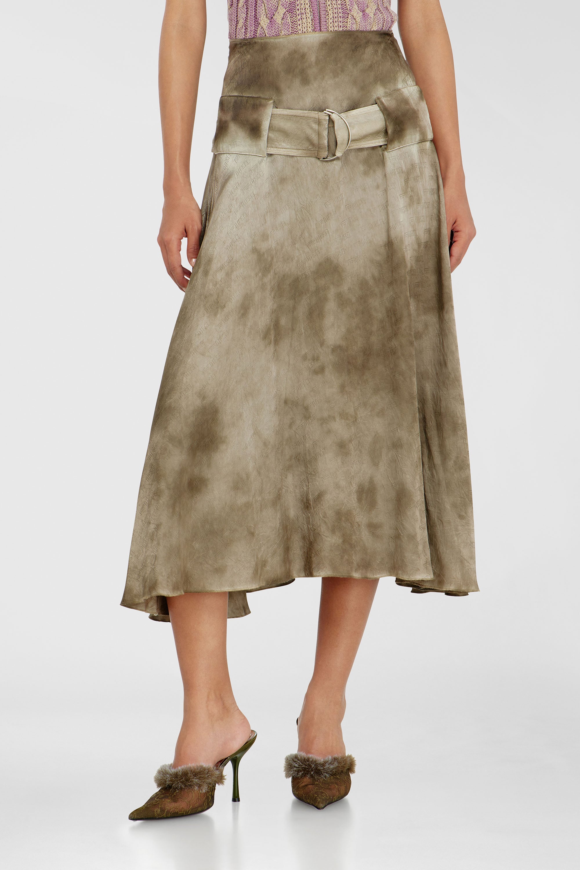 Diesel - O-DYLE, Female's Belted midi skirt in logo-jacquard satin in Light Brown - 1