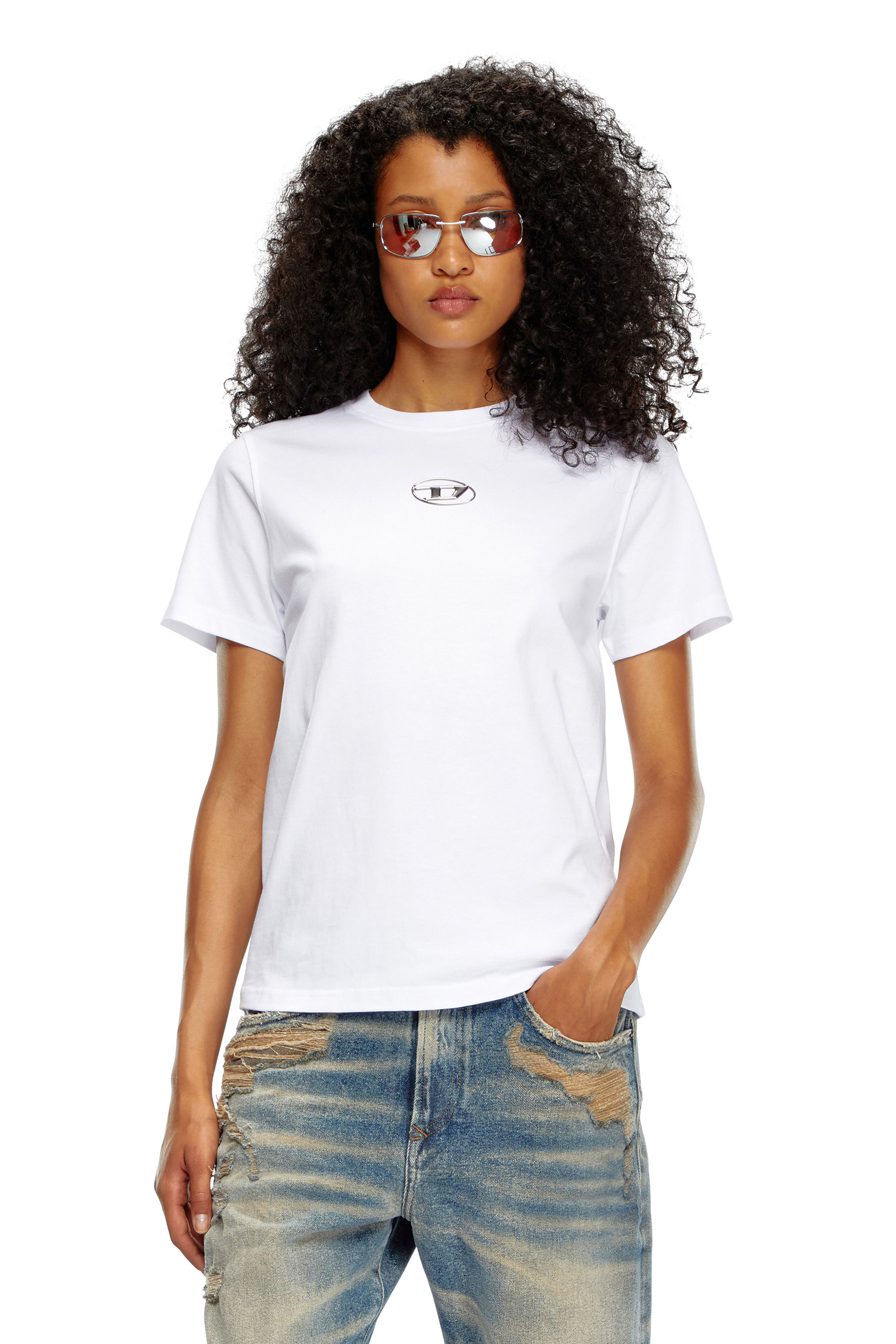 Diesel - T-REGS-OD, Woman's T-shirt with metallic Oval D print in White - 3