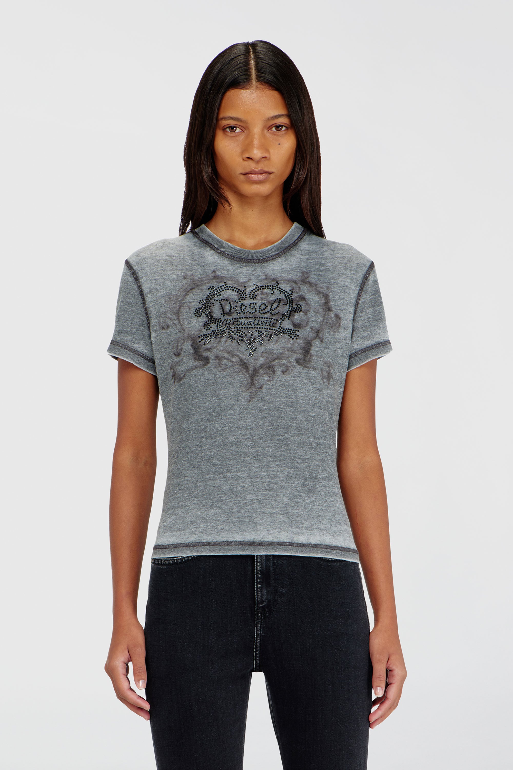 Diesel - T-ILA-AA1, Woman's Jersey t-shirt with rhinestones and burnout effect in Grey - 1