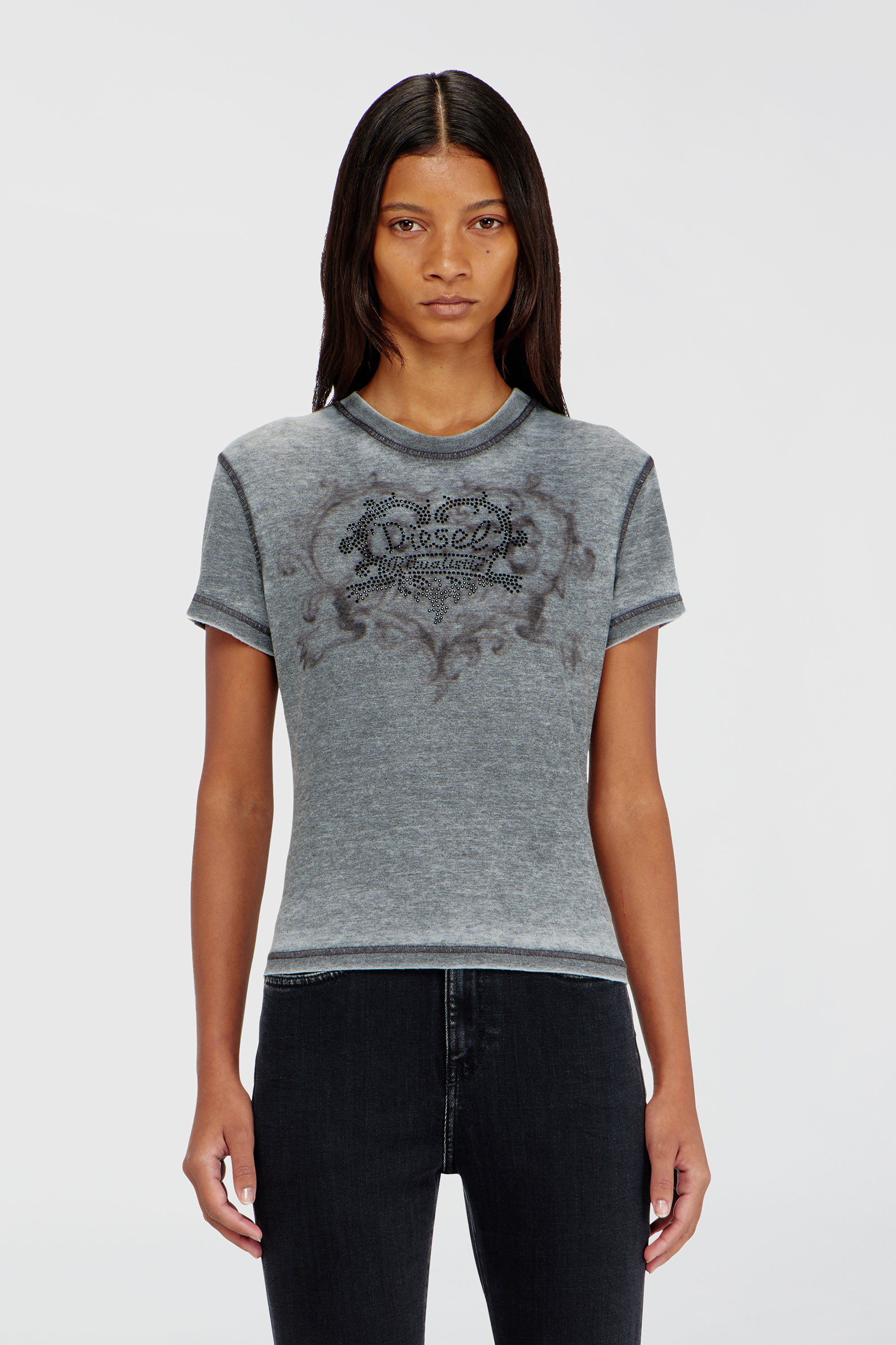 Diesel - T-ILA-AA1, Camiseta de jersey con strass y burnout effect Mujer in Gris - 3