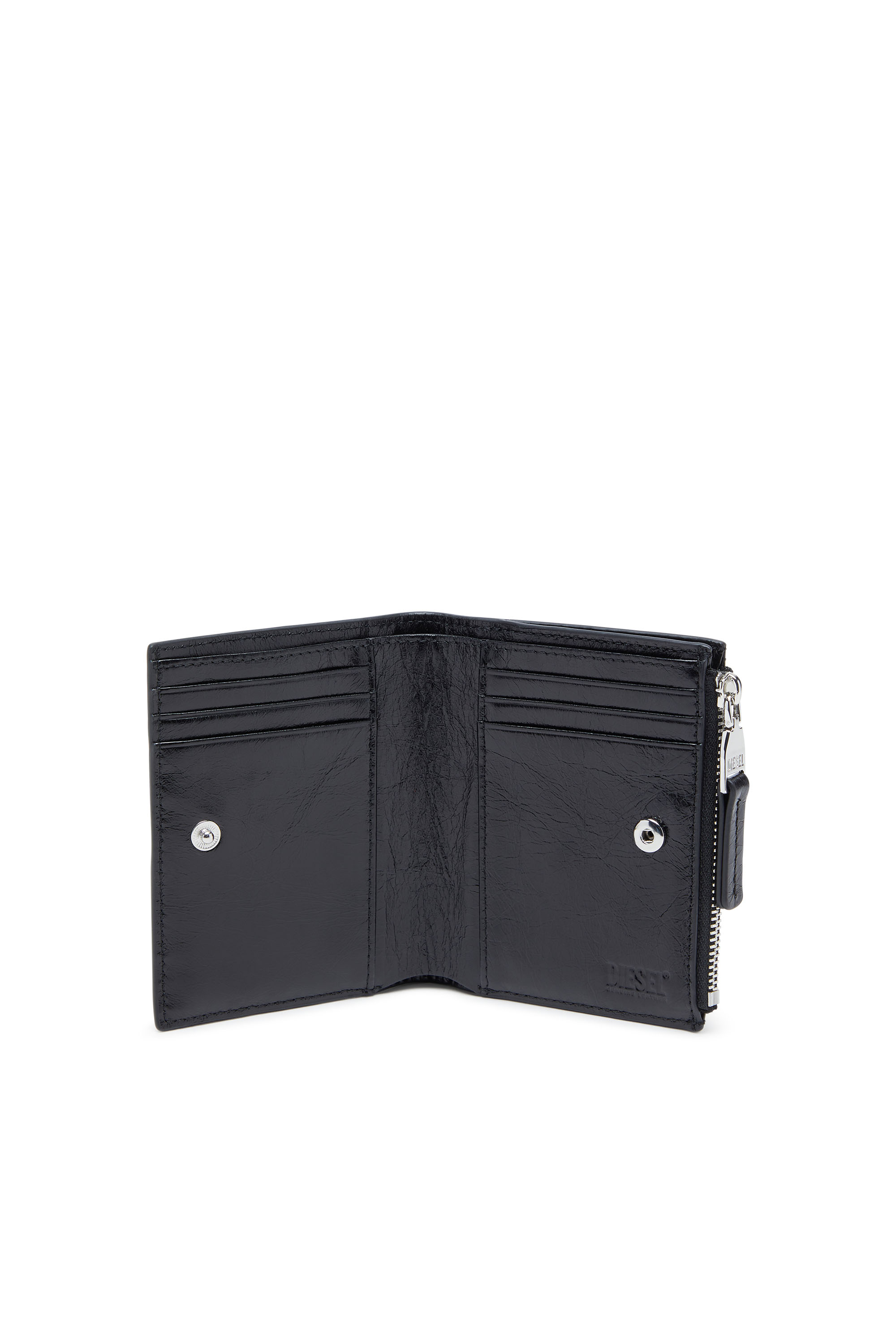 Diesel - BI-FOLD ZIP II, Cartera de cuero con motivo de cadena en relieve Mujer in Negro - 3