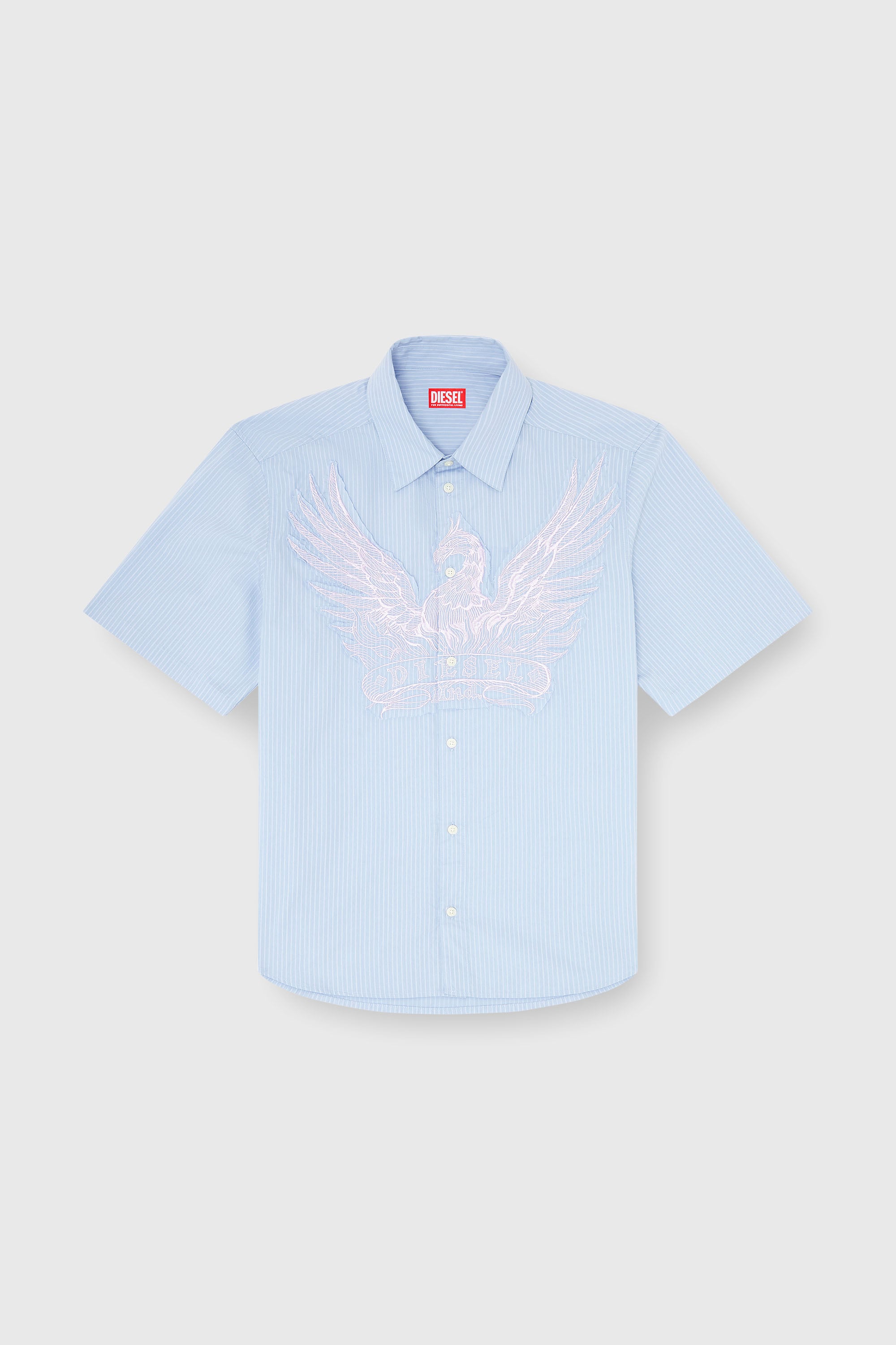 Diesel - S-SIMPLY-SS-AGCZ, Man's Striped poplin shirt with embroidered patch in Light Blue - 2