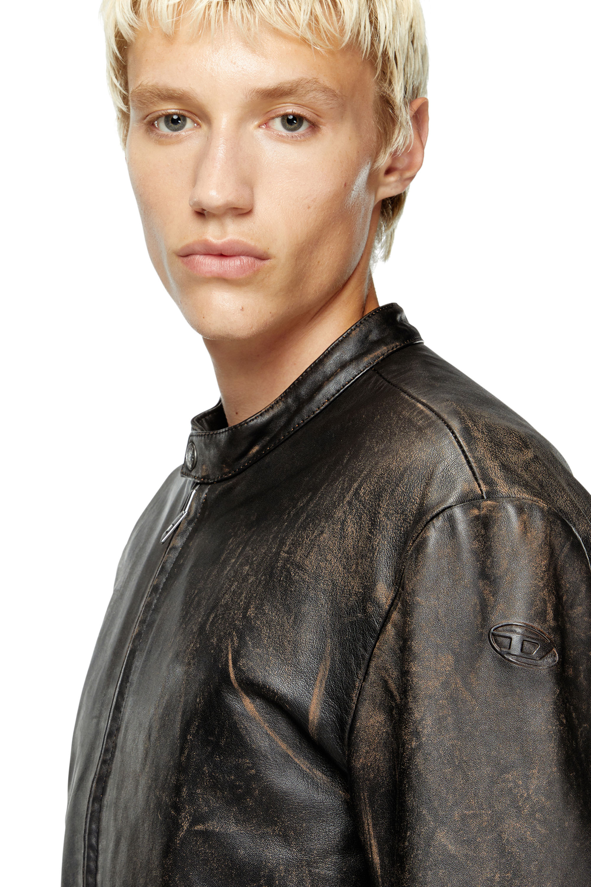 Diesel - L-AROSS, Male's Distressed leather biker jacket in Brown - 4