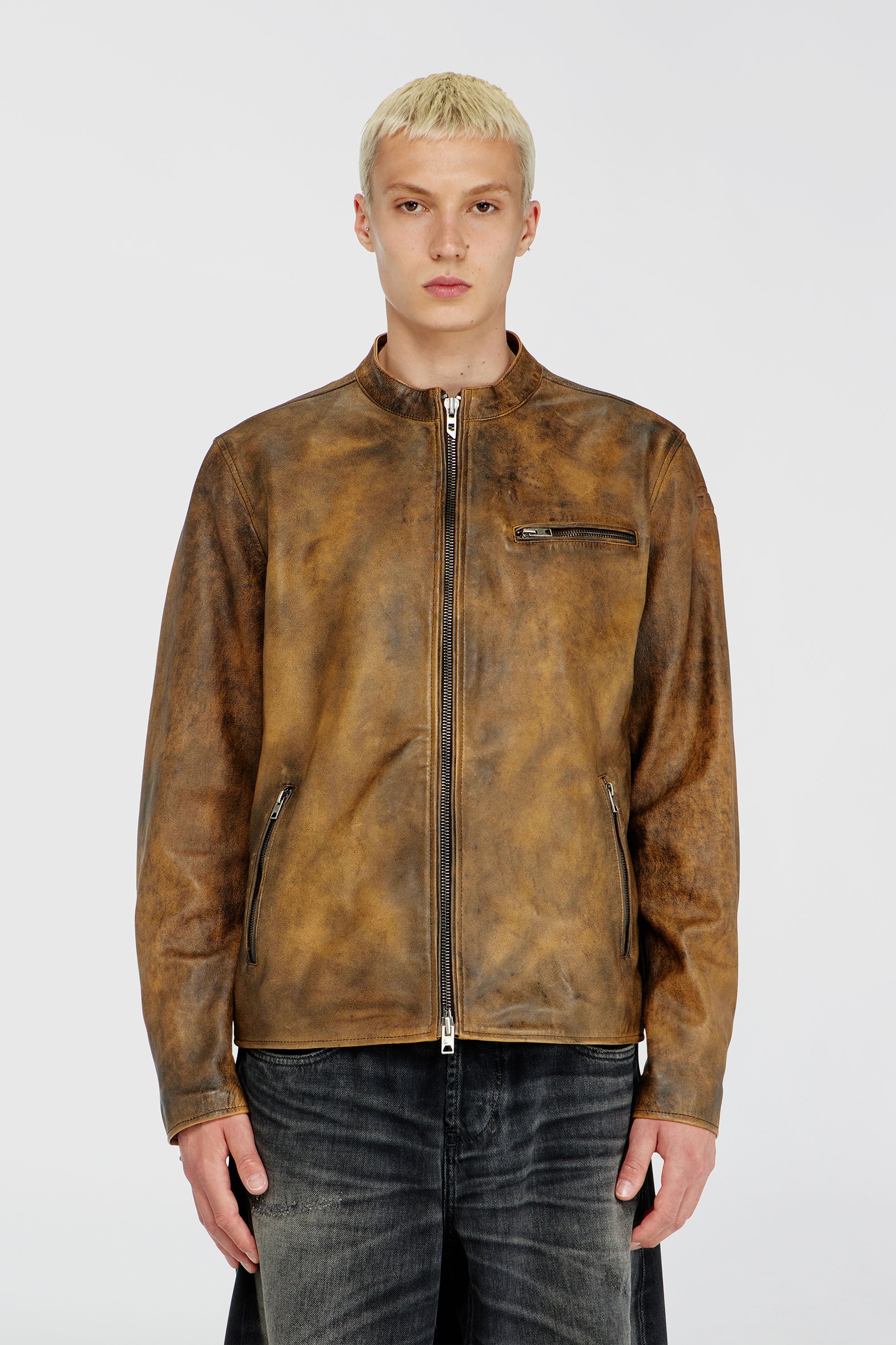 Diesel - L-ZAD-KNCZ, Biker jacket en cuir trait&eacute; Homme in Marron - 1