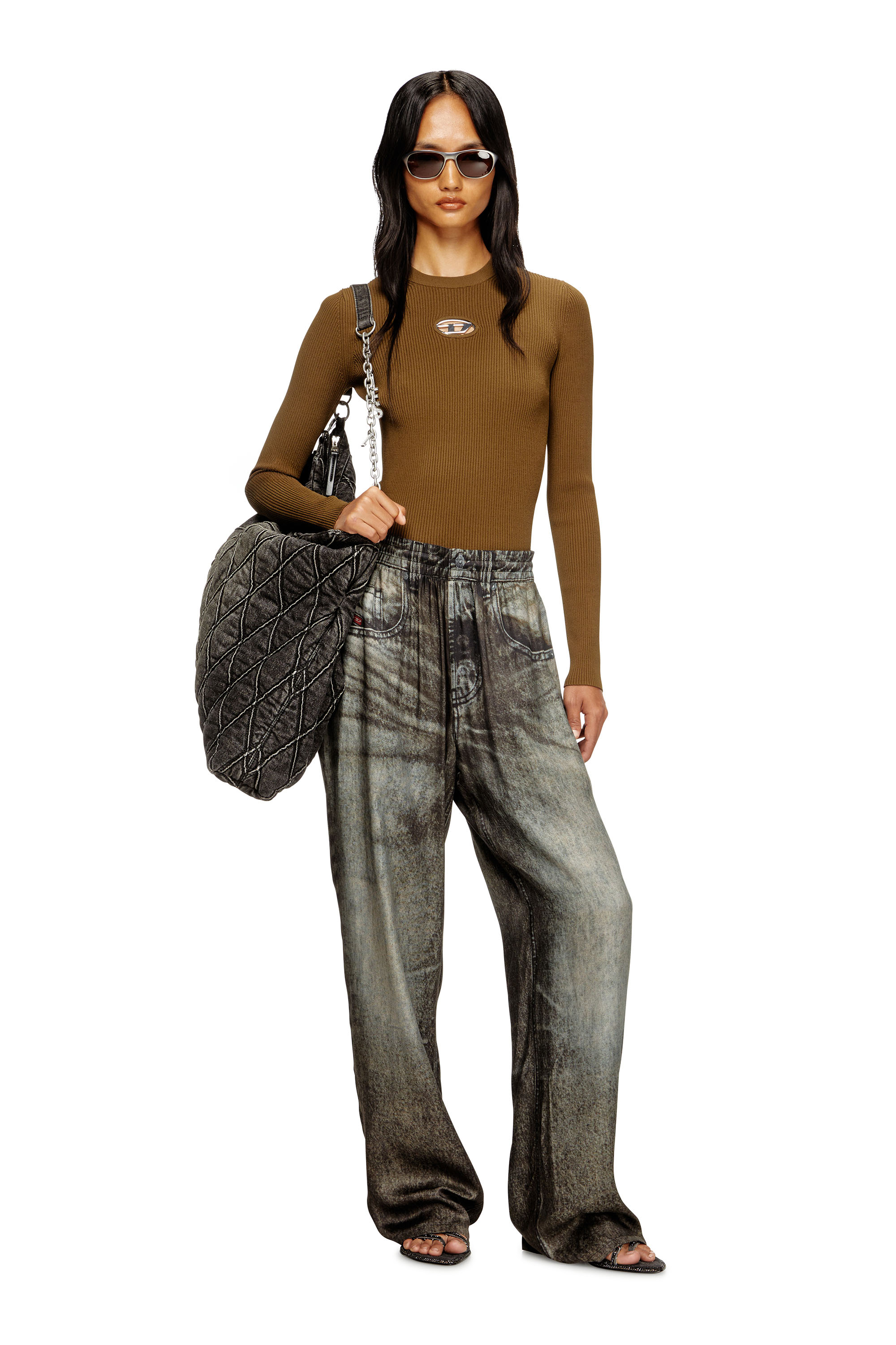 Diesel - M-VALARI, Female's Rib-knit viscose-blend top with Oval D in Brown - 1