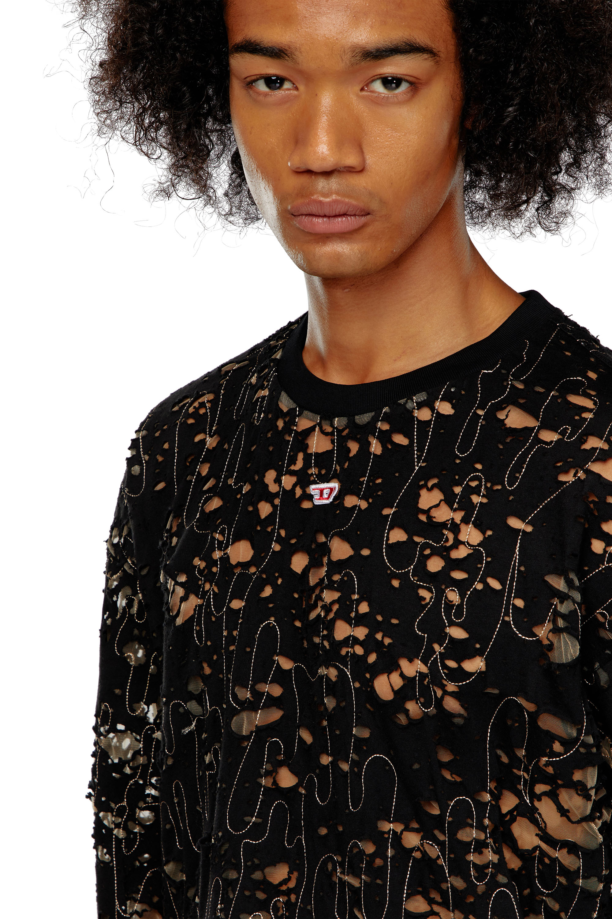 Diesel - T-BOXT-LS-DEVOR, T-shirt en tulle et jersey destroy Homme in Noir - 4