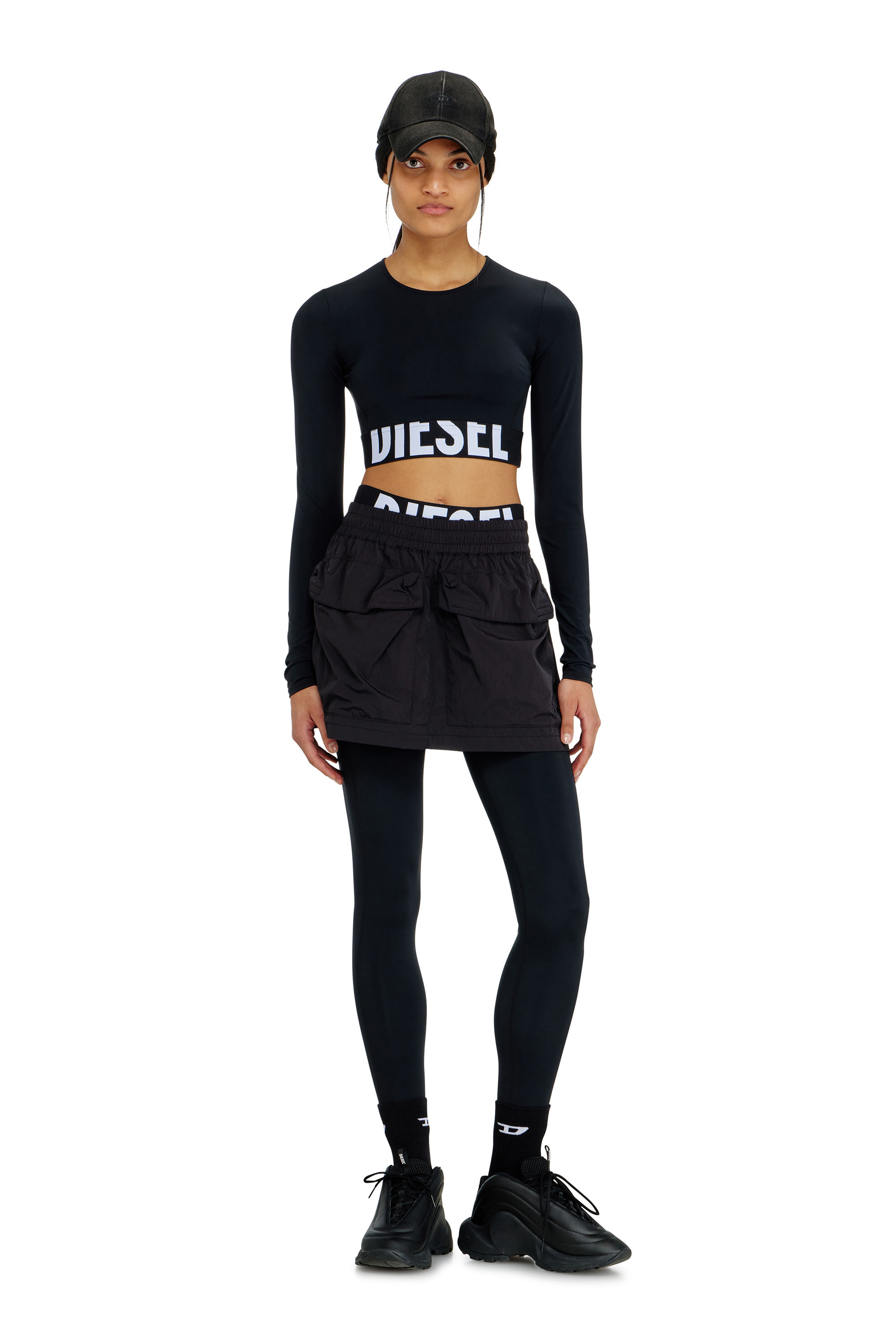 Diesel - ADELINE-D-POP, Leggings de microfibra con logotipo recortado Mujer in Negro - 4