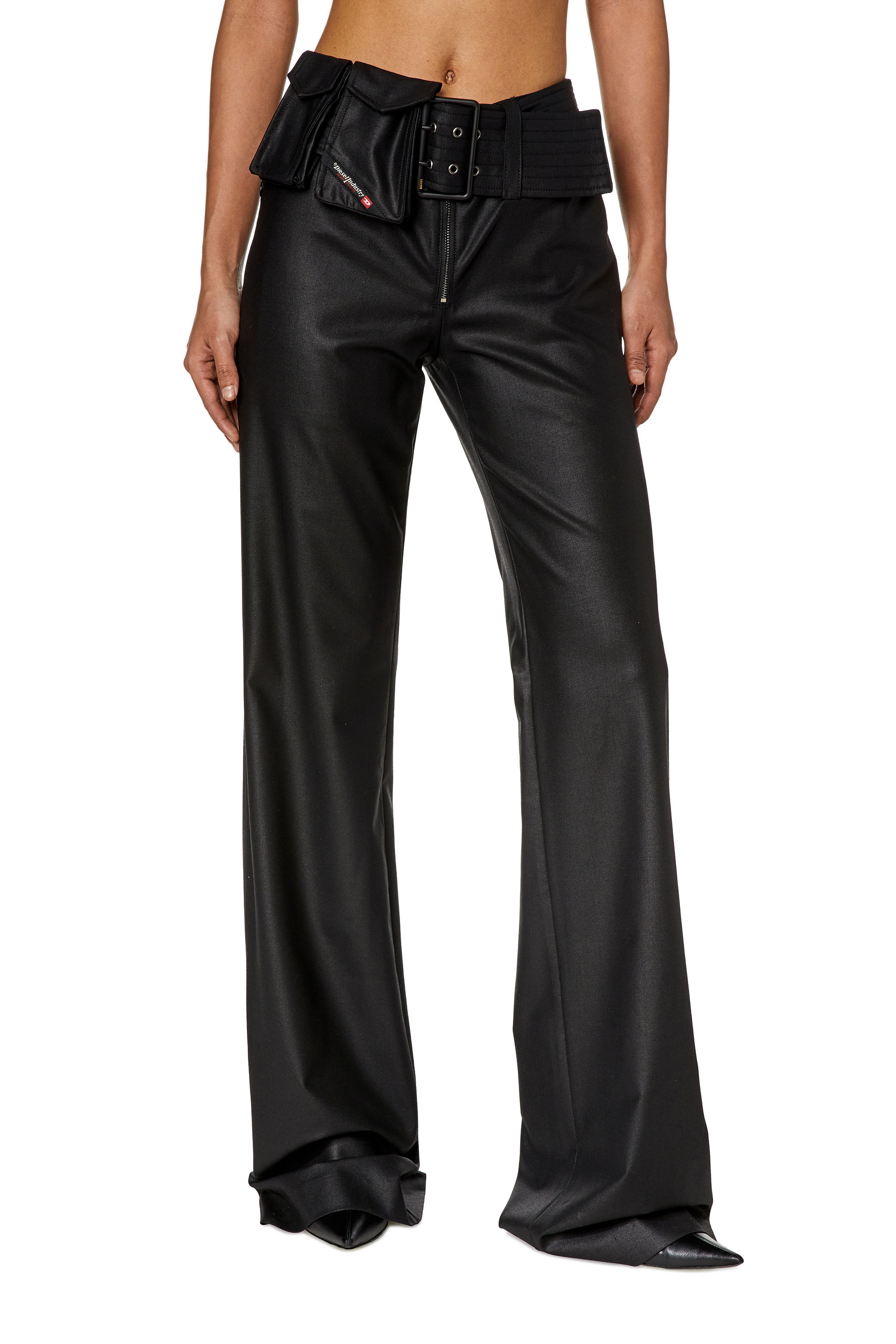 Diesel - P-FRELANA, Woman's Belted wool pants with utility pockets in Black - 3