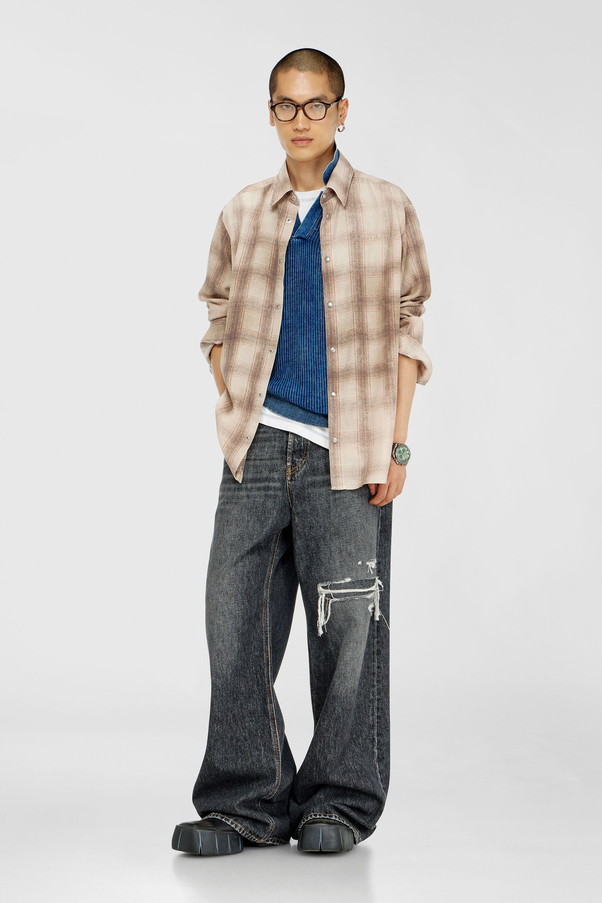 Diesel - S-SIMPLY-JMCM, Male's Check shirt in fluid fabric in Light Brown - 2