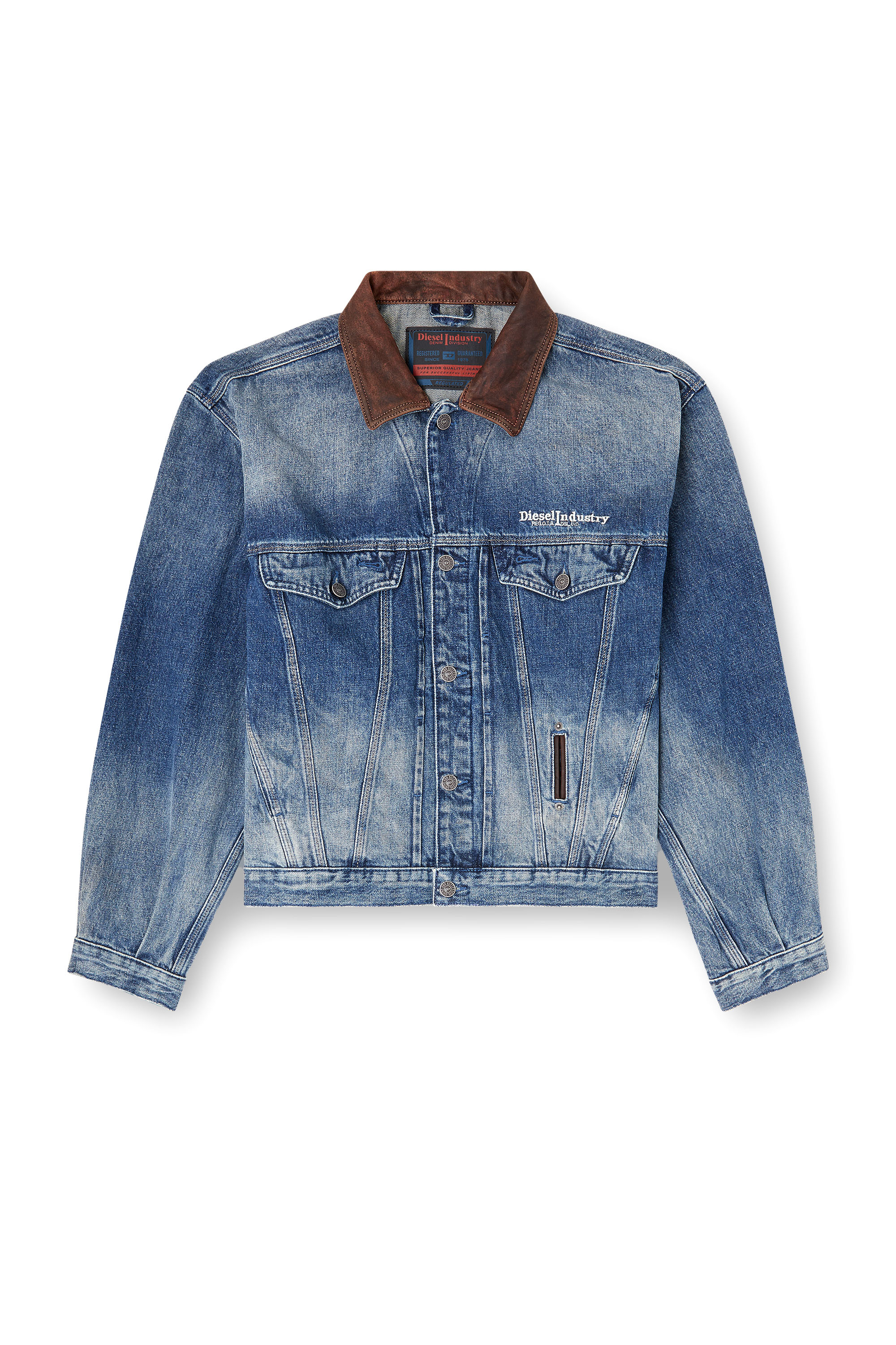 Women's Denim trucker jacket with contrast leather trims | Blue
