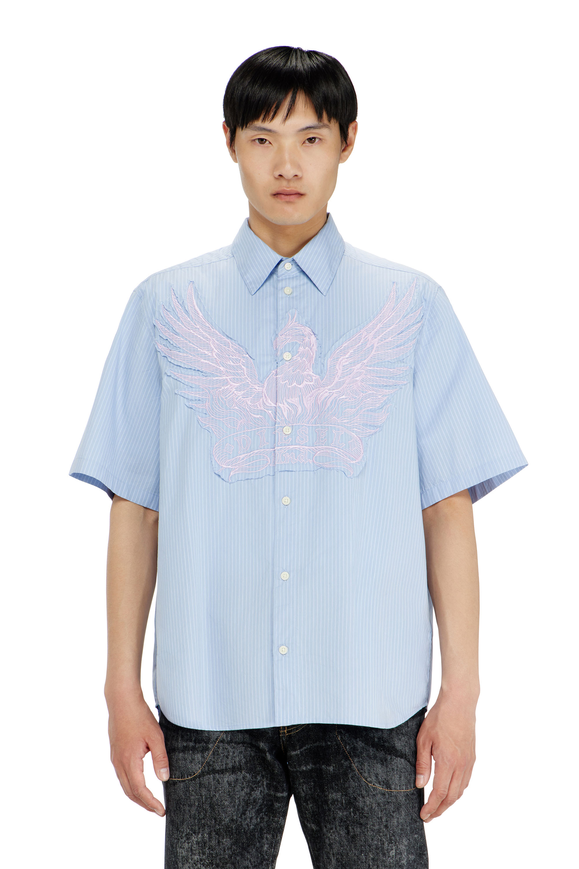 Diesel - S-SIMPLY-SS-AGCZ, Man's Striped poplin shirt with embroidered patch in null - 1