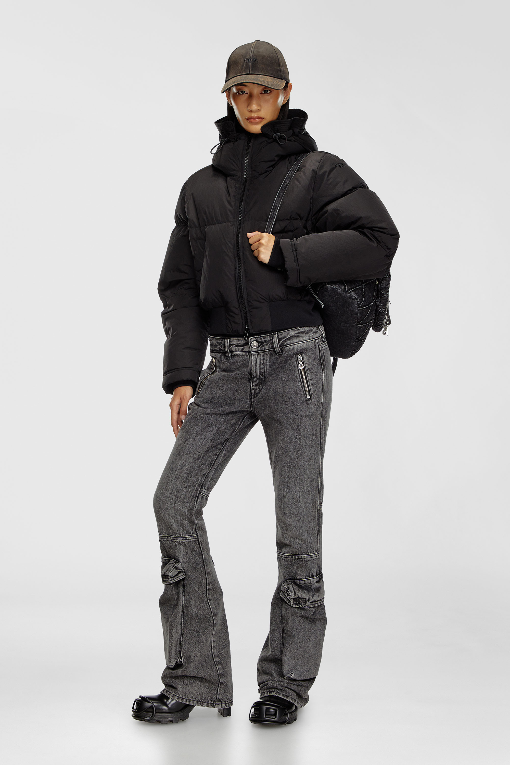 Diesel - W-PEYT-SHORT-NEW-P1, Female's Hooded down jacket in crinkled nylon in Black - 1