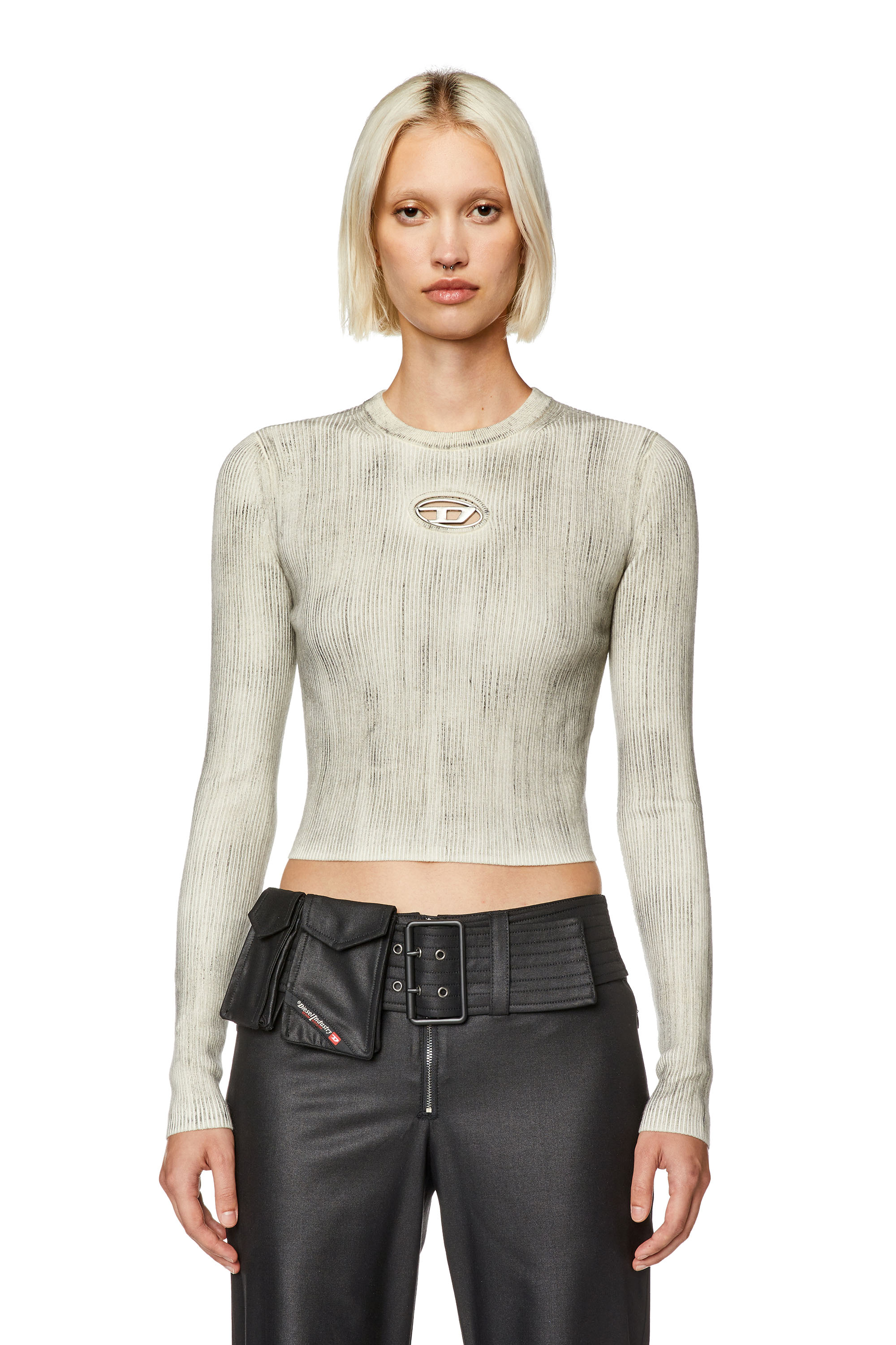 Diesel - M-ZOEY-C, Woman's Ribbed crew-neck with oval D plaque in Light Grey - 5
