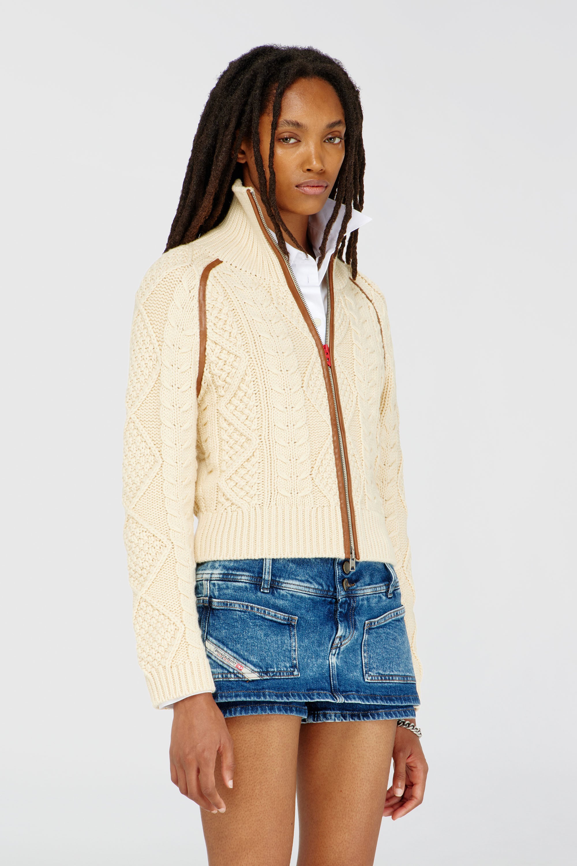 Diesel - M-INTELLE, C&aacute;rdigan de punto trenzado con bandas en contraste Mujer in Beige - 1