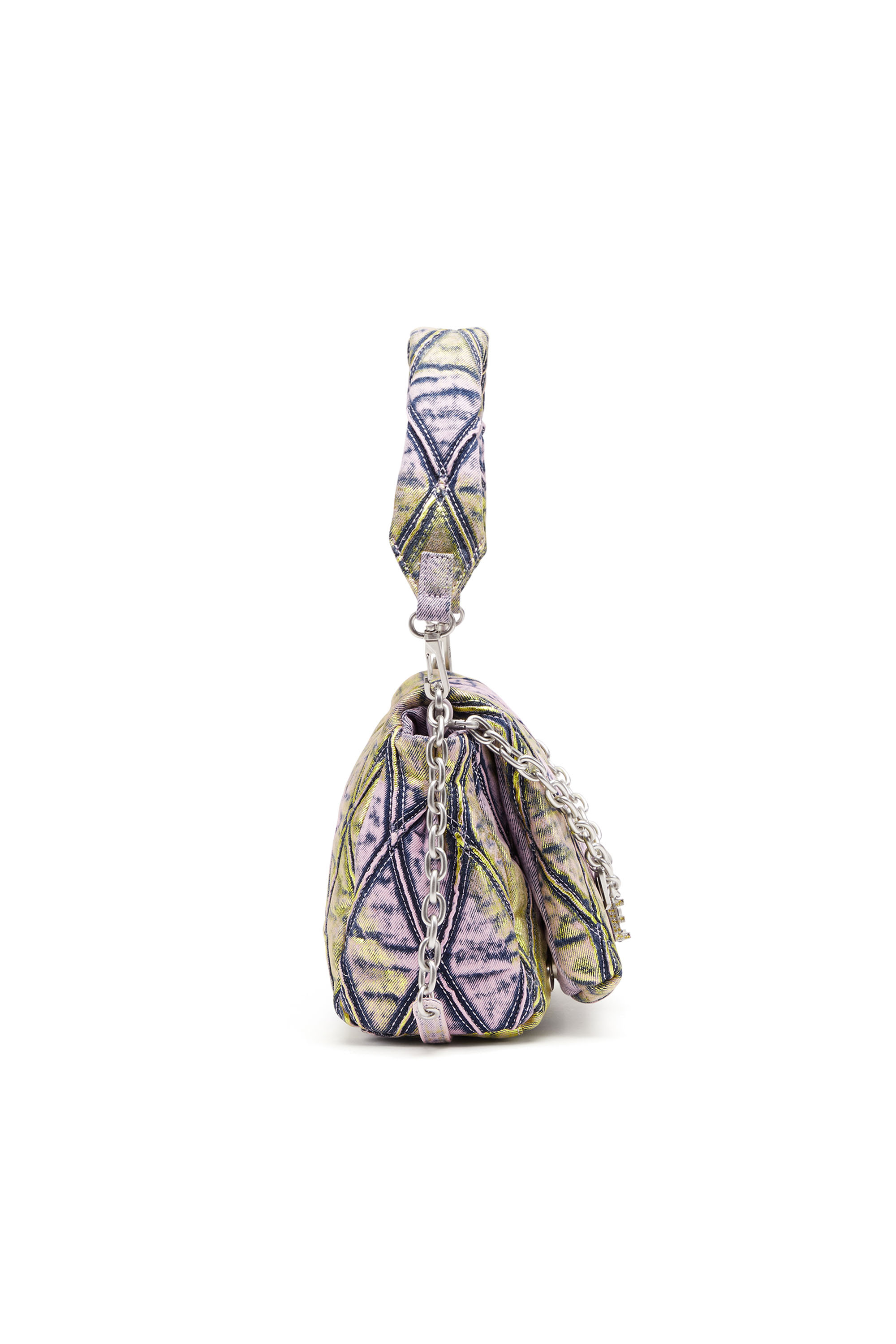 Diesel - CHARM-D SHOULDER M, Woman's Charm-D M-Shoulder bag in shimmering quilted denim in Pink/Yellow - 3