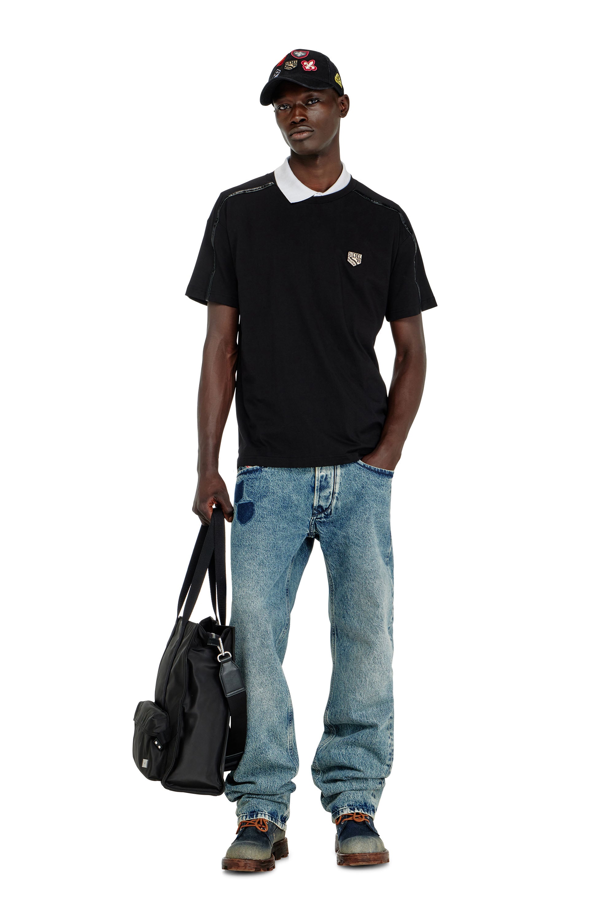 Diesel - T-NORM-FL, T-shirt avec finitions contrastantes et patch logo Homme in Noir - 2