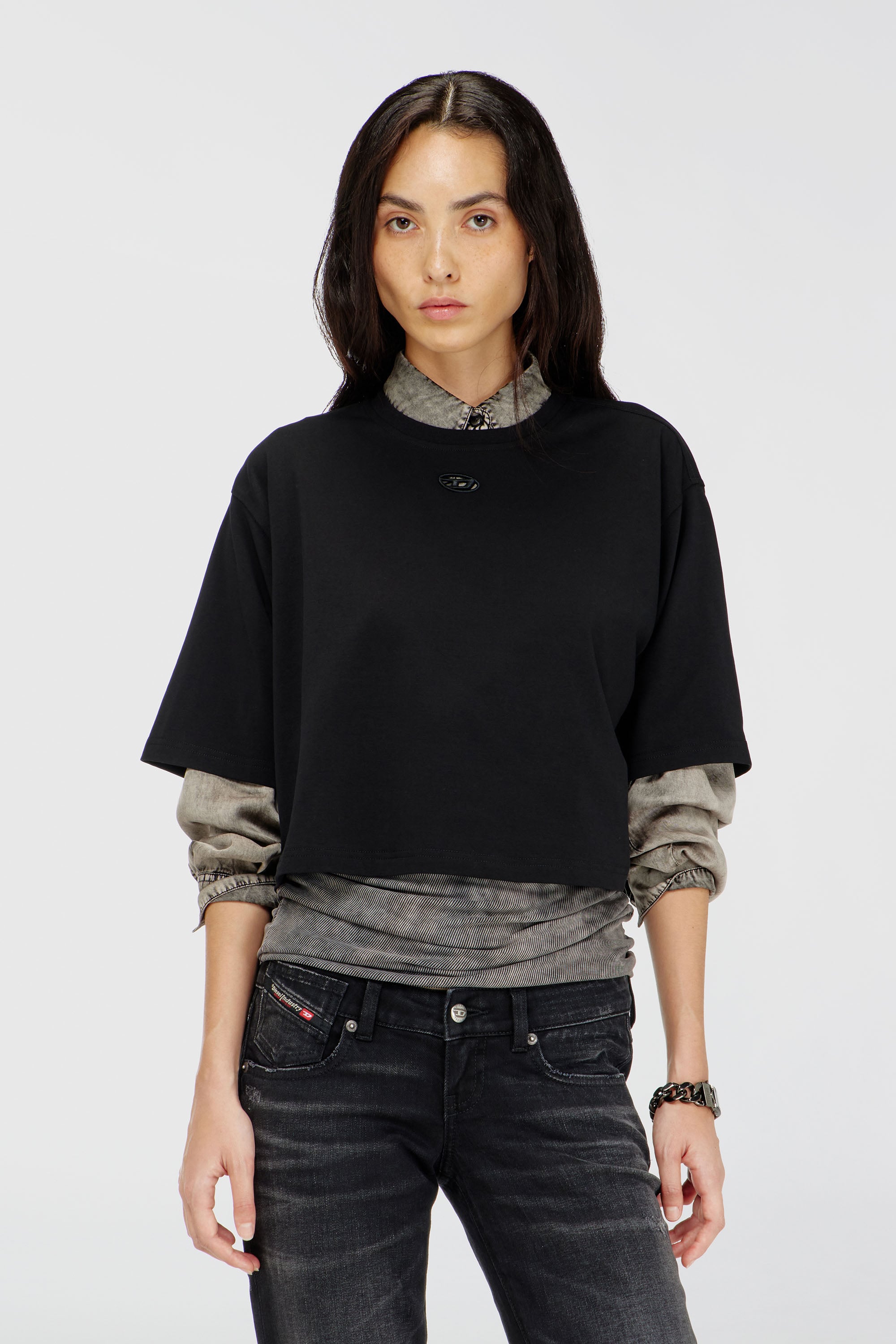 Diesel - T-CORT-OD, Woman's T-shirt with cut-out embroidered logo in Black - 1