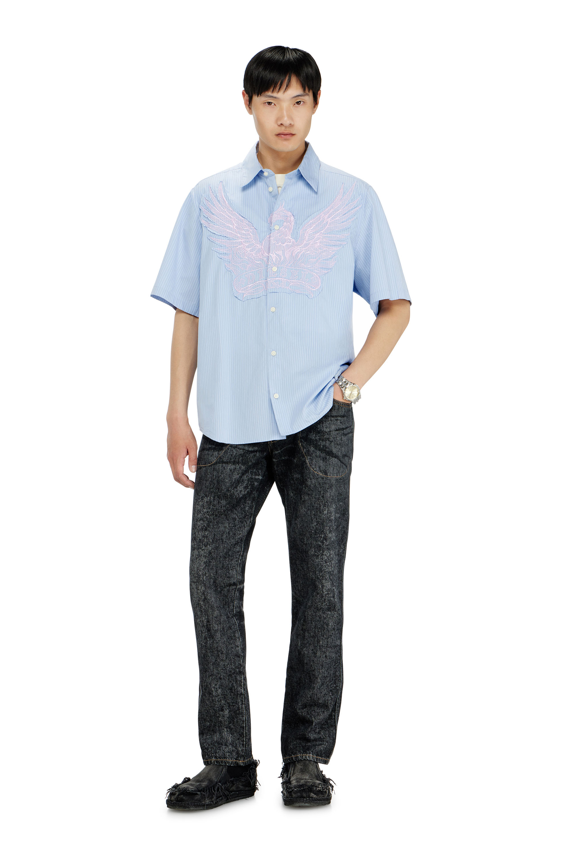 Diesel - S-SIMPLY-SS-AGCZ, Man's Striped poplin shirt with embroidered patch in null - 2