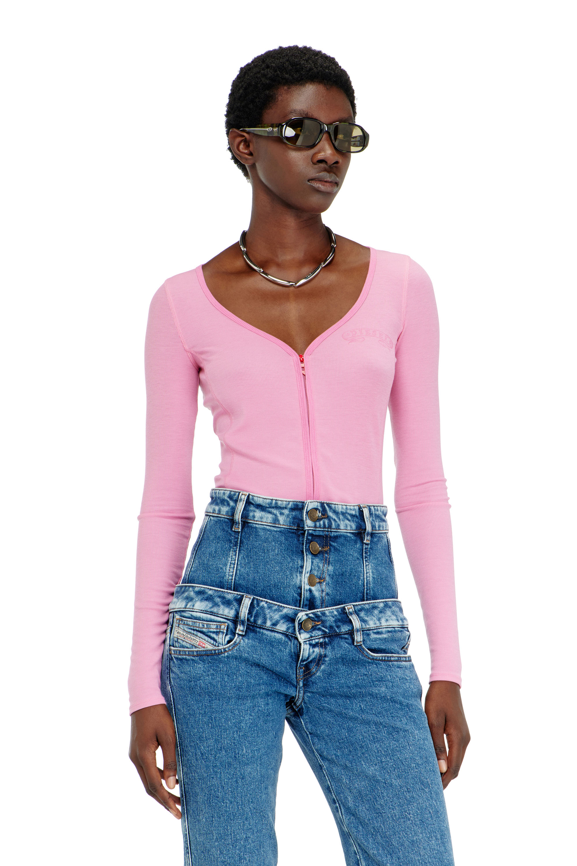 Diesel - T-RIBI-LS-AA1, Female's Slim V-neck lyocell top with zip in Pink - 1