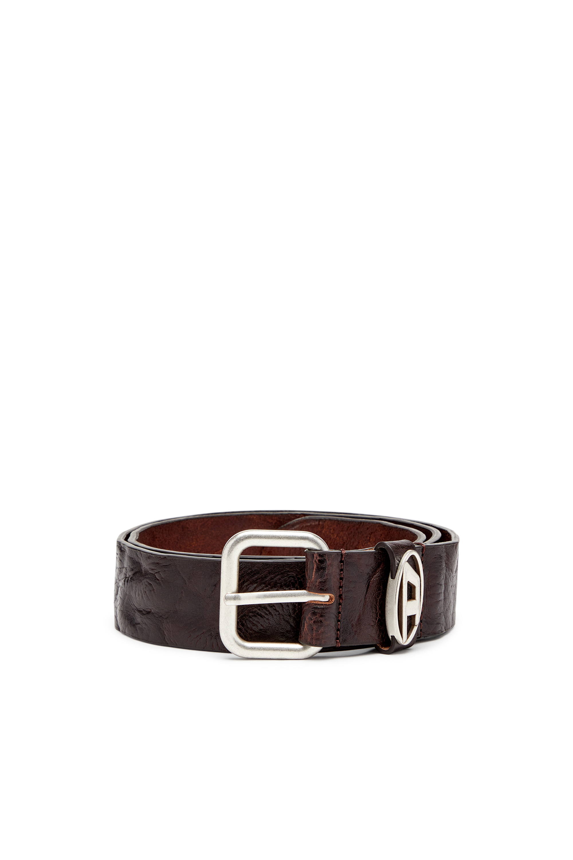 Diesel - B-1DR OVAL D LOOP, Unisex's 3.9cm logo-plaque wrinkled leather belt in Dark Brown - 1