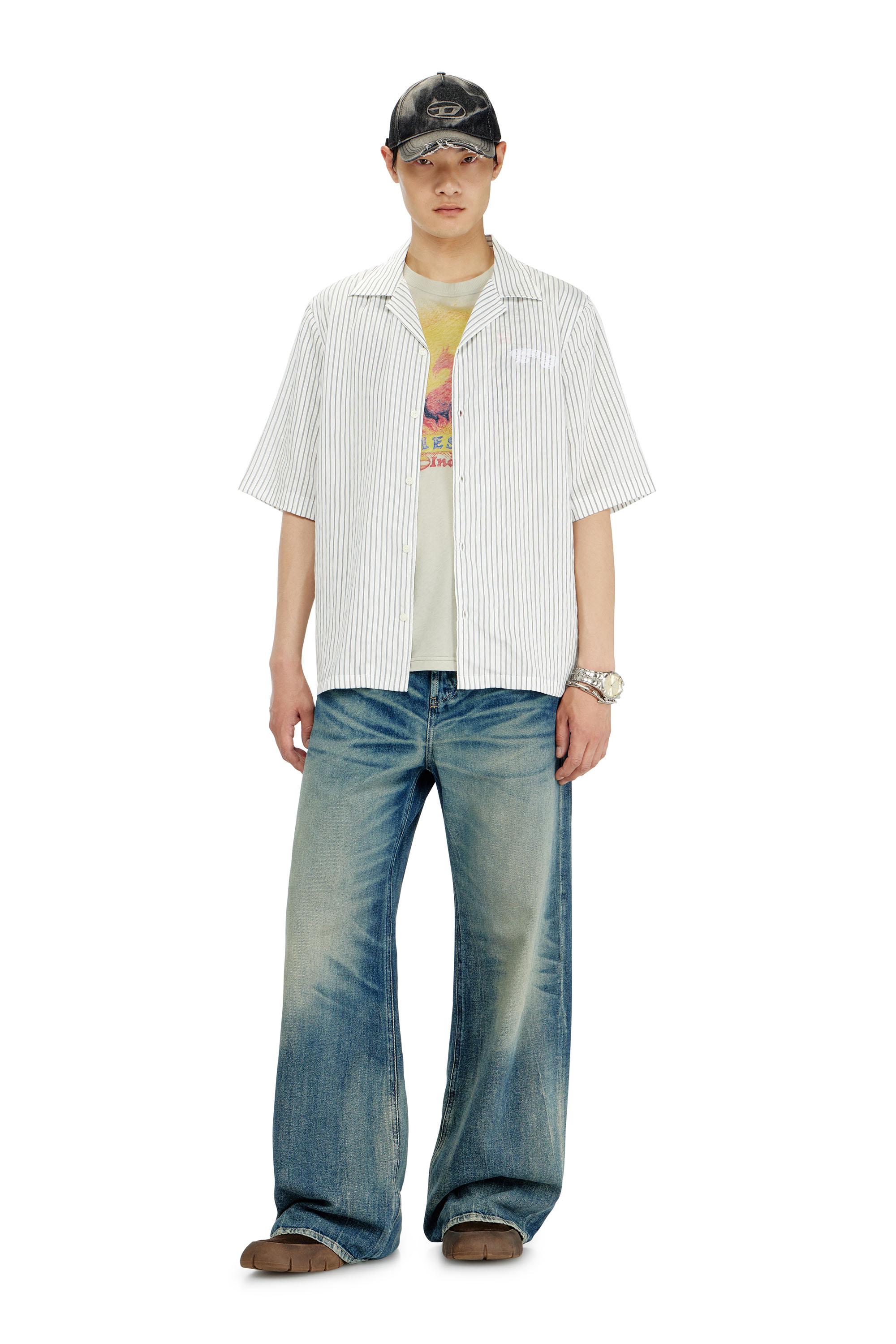Diesel - S-MAC-EFBV, Male's Half-sleeve shirt in pinstripe modal in White/Grey - 1